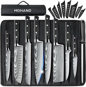 MDHAND Professional Chef Knife Set with Roll Bag, 9PCS Japanese Kitchen Knife Set with Sharpener, High Carbon Stainless Steel Kitchen Knives – Forged Triple Rivet, Dishwasher Safe, Chef Gifts, Black