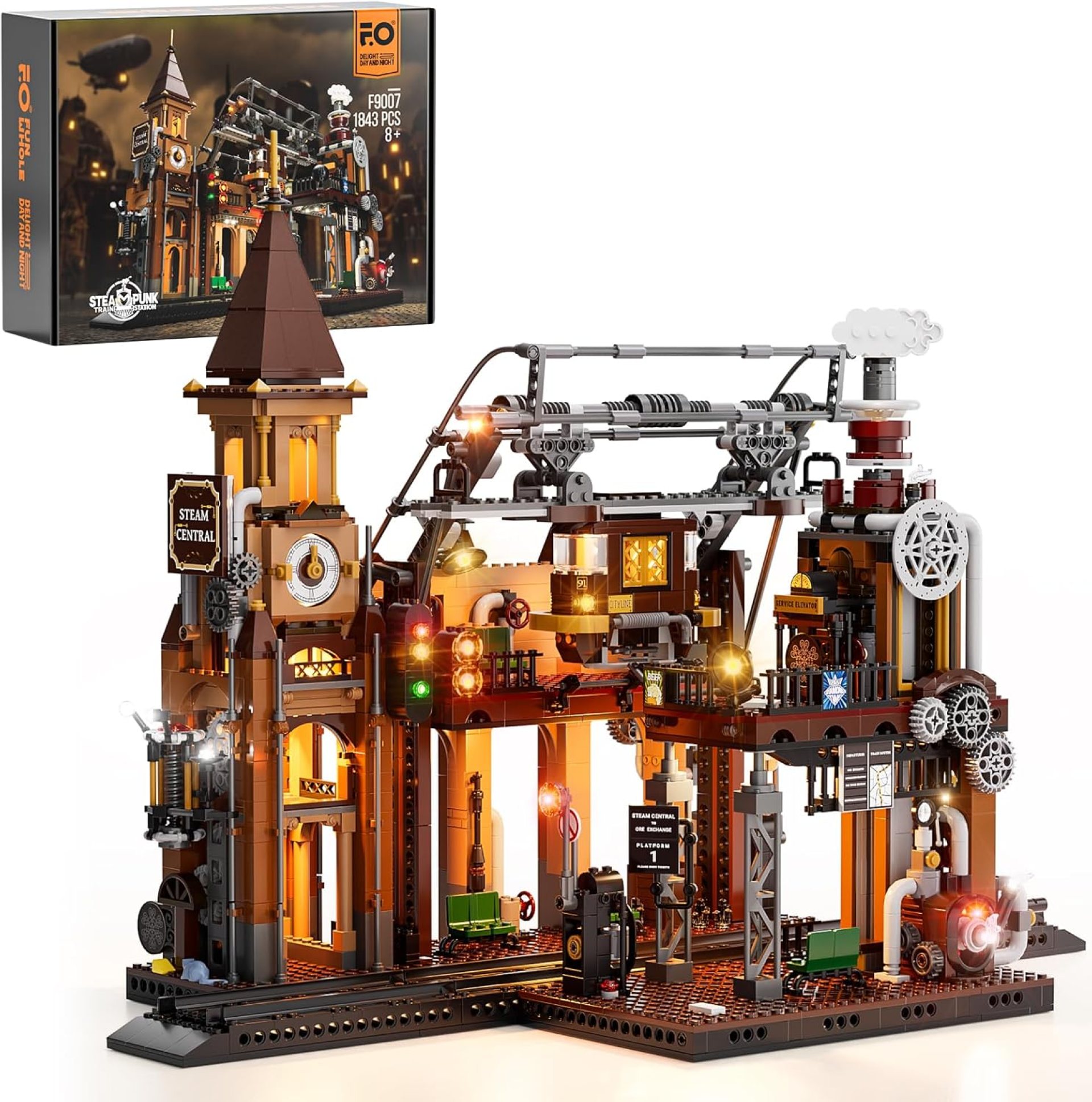 FUNWHOLE Train-Station Lighting Building Bricks Set – Steampunk LED Light Building Set 1843 Pieces for Adults and Teens FUNWHOLE Train-Station Lighting Building Bricks Set – Steampunk LED Light Building Set 1843 Pieces for Adults and Teens