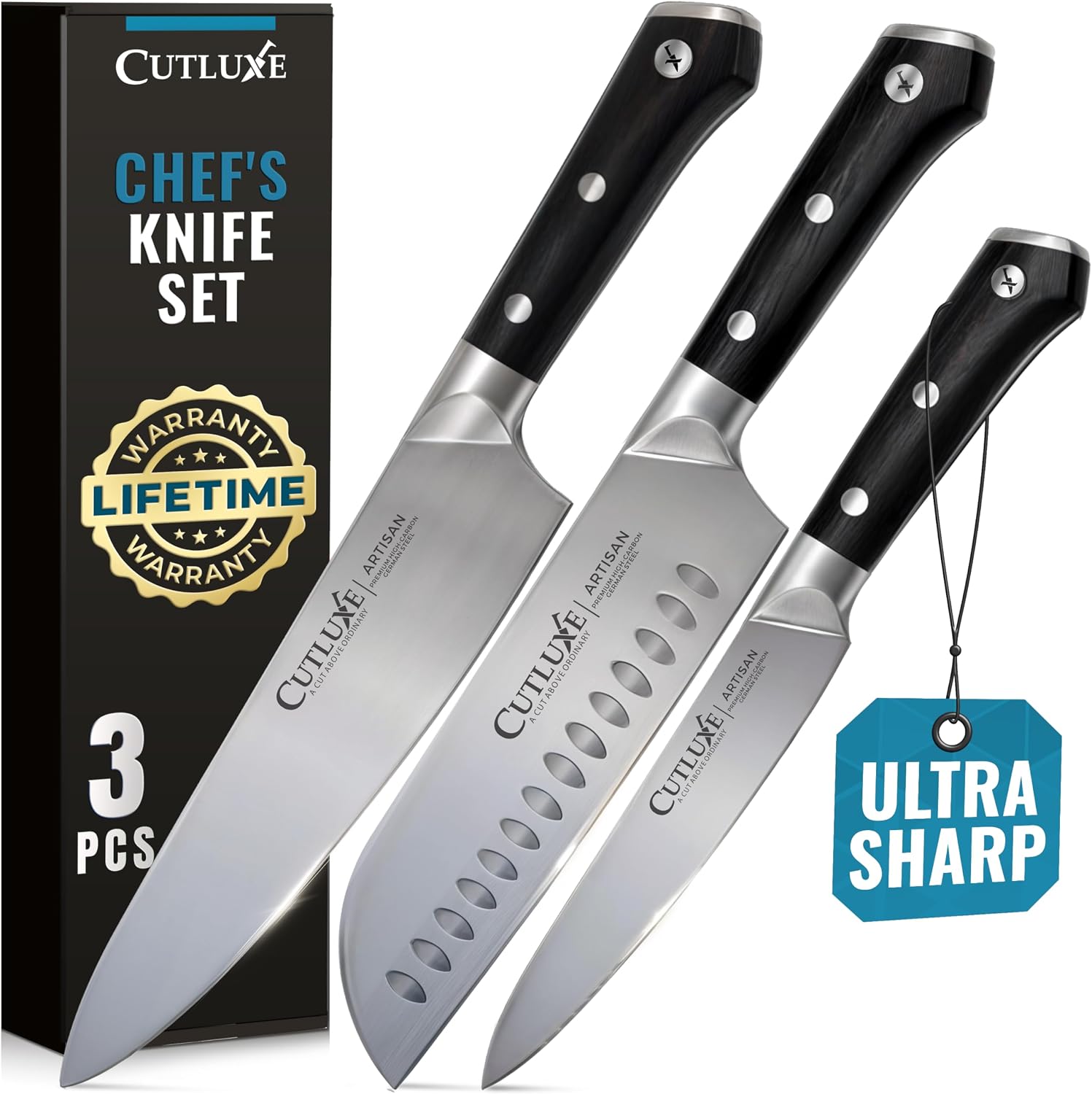 Cutluxe Chef Knife Set, 3 PCS Professional Chef’s Knife Set – Razor Sharp German Steel, Full Tang, Ergonomic Handles – Artisan Series Cutluxe Chef Knife Set, 3 PCS Professional Chef’s Knife Set – Razor Sharp German Steel, Full Tang, Ergonomic Handles – Artisan Series