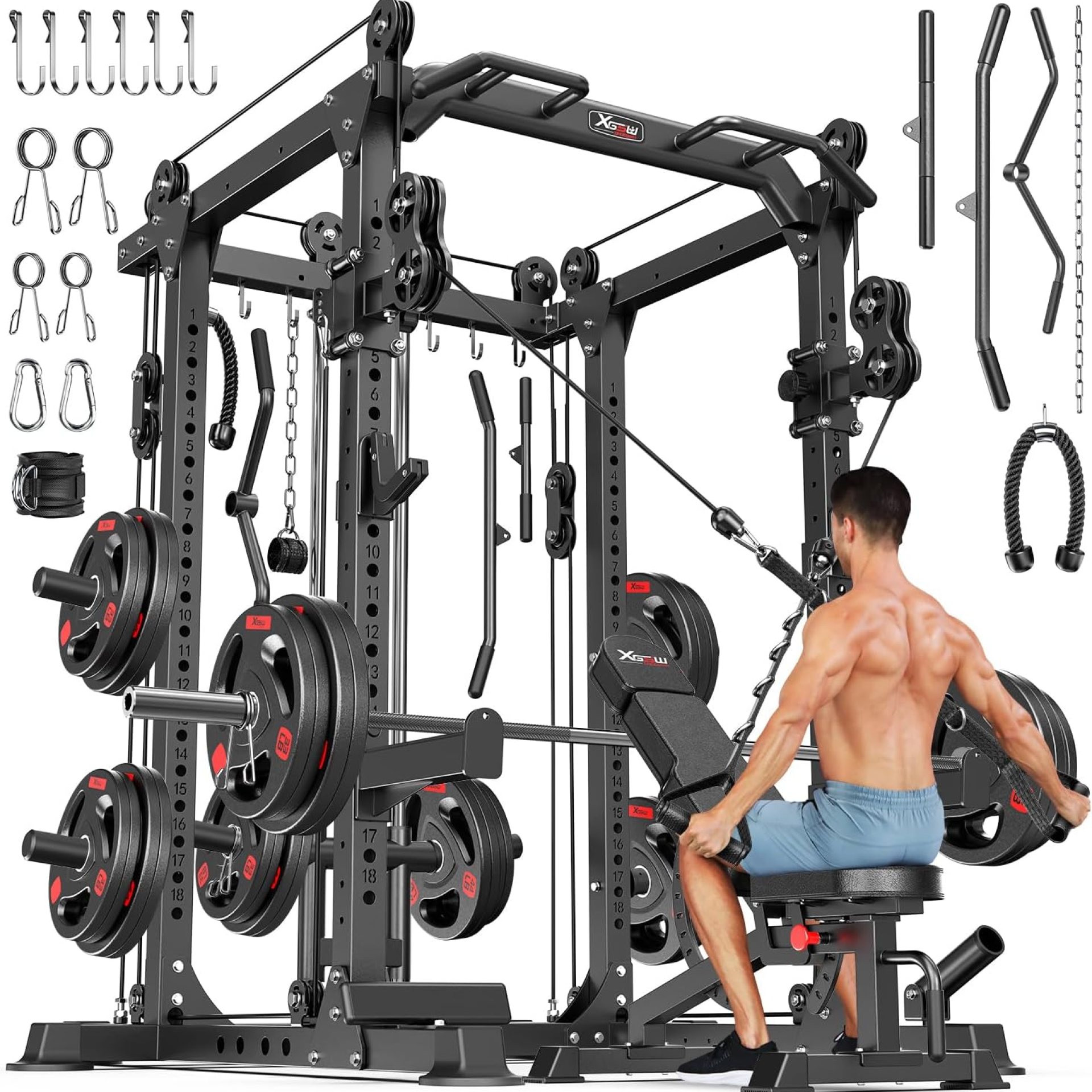 Power Cages Multi-Purpose Squat Rack with Cable Crossover System, Matching Weight Bench, Olympic Barbell Weight Set for Garage and Home Gyms Power Cages Multi-Purpose Squat Rack with Cable Crossover System, Matching Weight Bench, Olympic Barbell Weight Set for Garage and Home Gyms