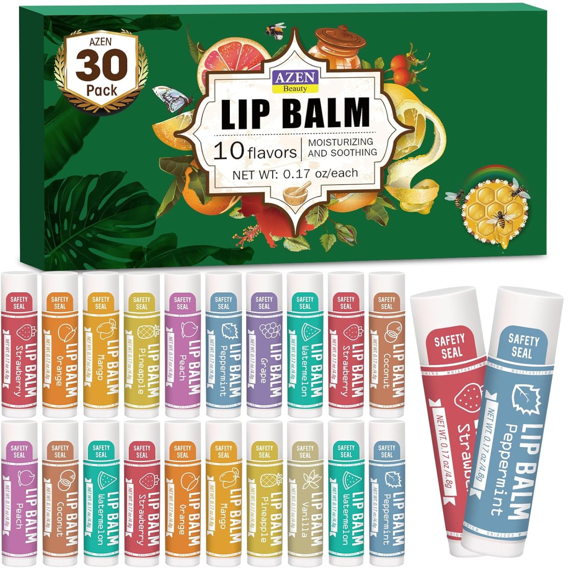 AZEN 30 Pack Lip Balm, Natural Lip Balm Bulk, Lip Care Product, Moisturizing Lip Balms for dry cracked lips – 10 Flavors AZEN 30 Pack Lip Balm, Natural Lip Balm Bulk, Lip Care Product, Moisturizing Lip Balms for dry cracked lips – 10 Flavors
