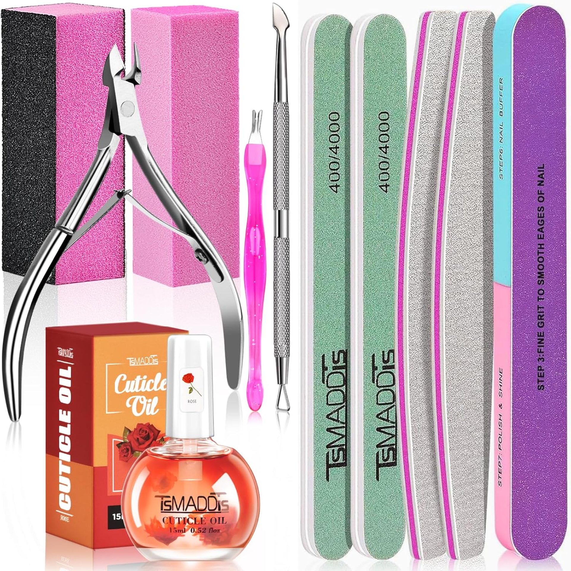 TsMADDTs Manicure Tools Kit Nail Care Kit with 3PCS Files, 2PCS Buffer Blocks, 2PCS Polishing Buffers, Cuticle Nipper, Pusher and Cuticle Oil TsMADDTs Manicure Tools Kit Nail Care Kit with 3PCS Files, 2PCS Buffer Blocks, 2PCS Polishing Buffers, Cuticle Nipper, Pusher and Cuticle Oil