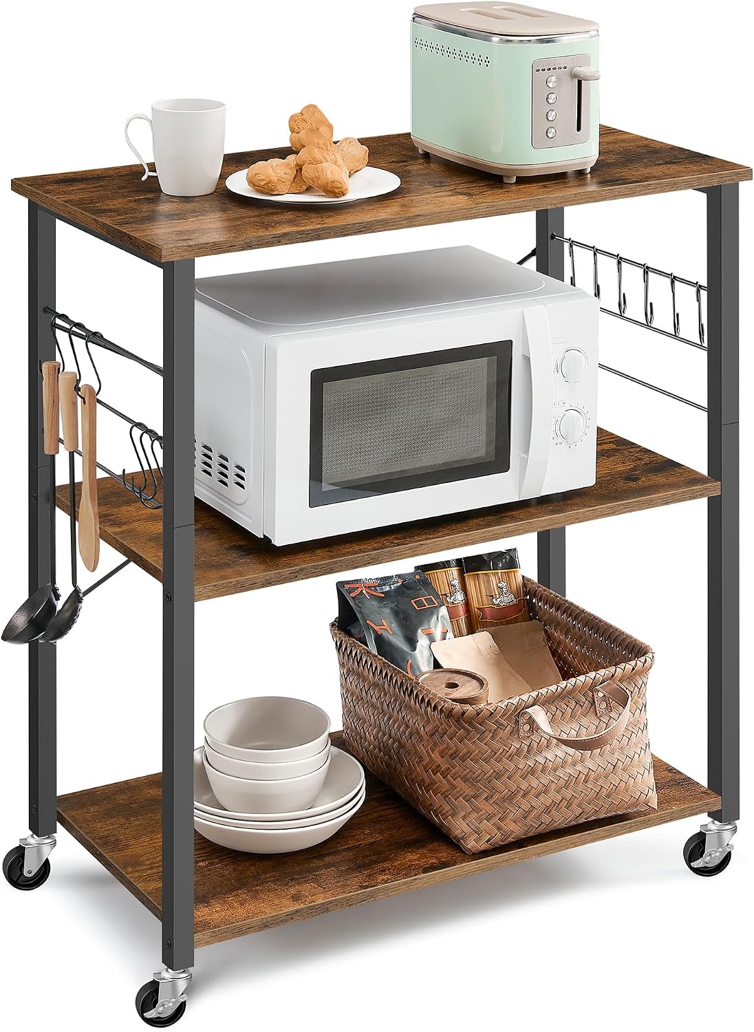 VASAGLE Kitchen Shelf on Wheels, Serving Cart with 3 Shelves, Kitchen Cart, Microwave Shelf, for Mini Oven, Toaster, with 6 Hooks, Industrial Style, Rustic Brown and Black UKKS067K01 VASAGLE Kitchen Shelf on Wheels, Serving Cart with 3 Shelves, Kitchen Cart, Microwave Shelf, for Mini Oven, Toaster, with 6 Hooks, Industrial Style, Rustic Brown and Black UKKS067K01