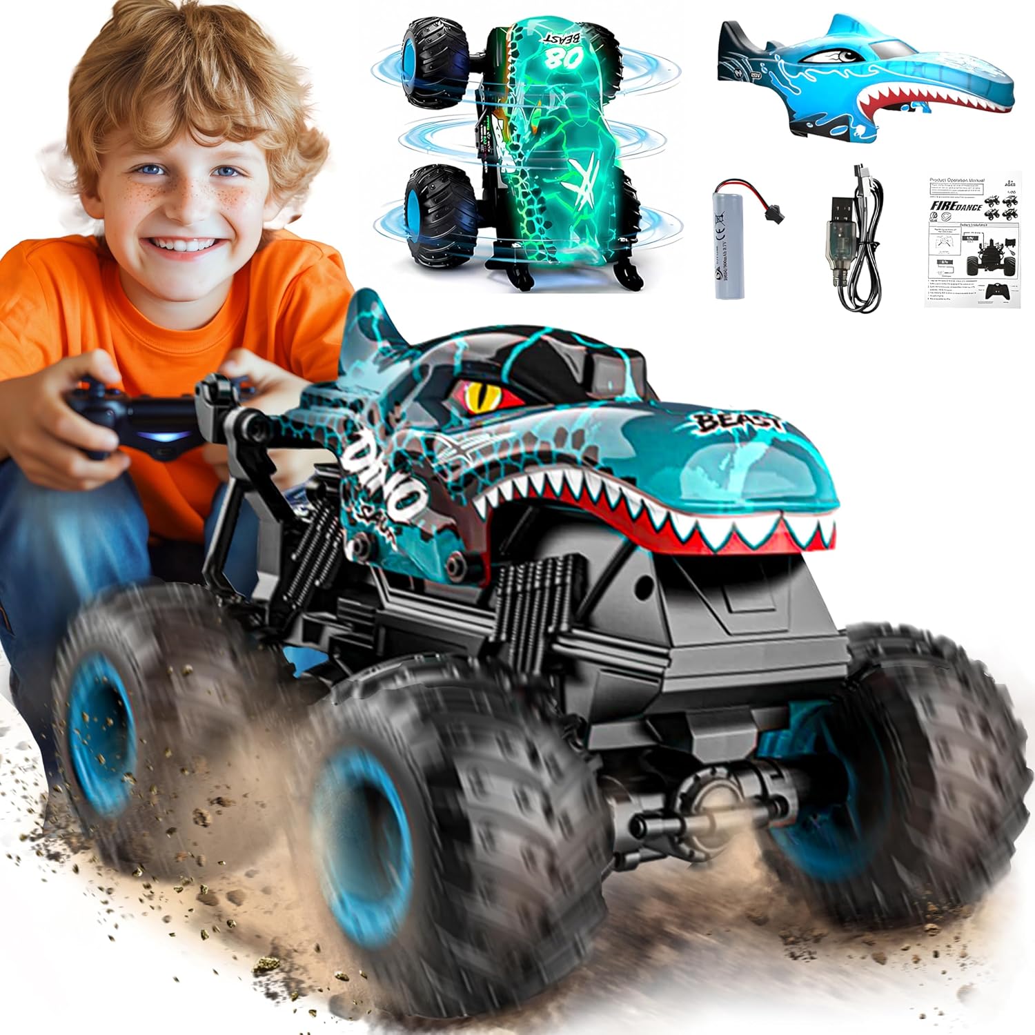 BEZGAR Monster Truck Toys – Remote Control Monster Trucks with Light & Music, Dinosaur Toys for Kids, 1:20 Scale RC Truck with 360° Spins and Drifting, Remote Control Car for Boys with Two Car Shells BEZGAR Monster Truck Toys – Remote Control Monster Trucks with Light & Music, Dinosaur Toys for Kids, 1:20 Scale RC Truck with 360° Spins and Drifting, Remote Control Car for Boys with Two Car Shells