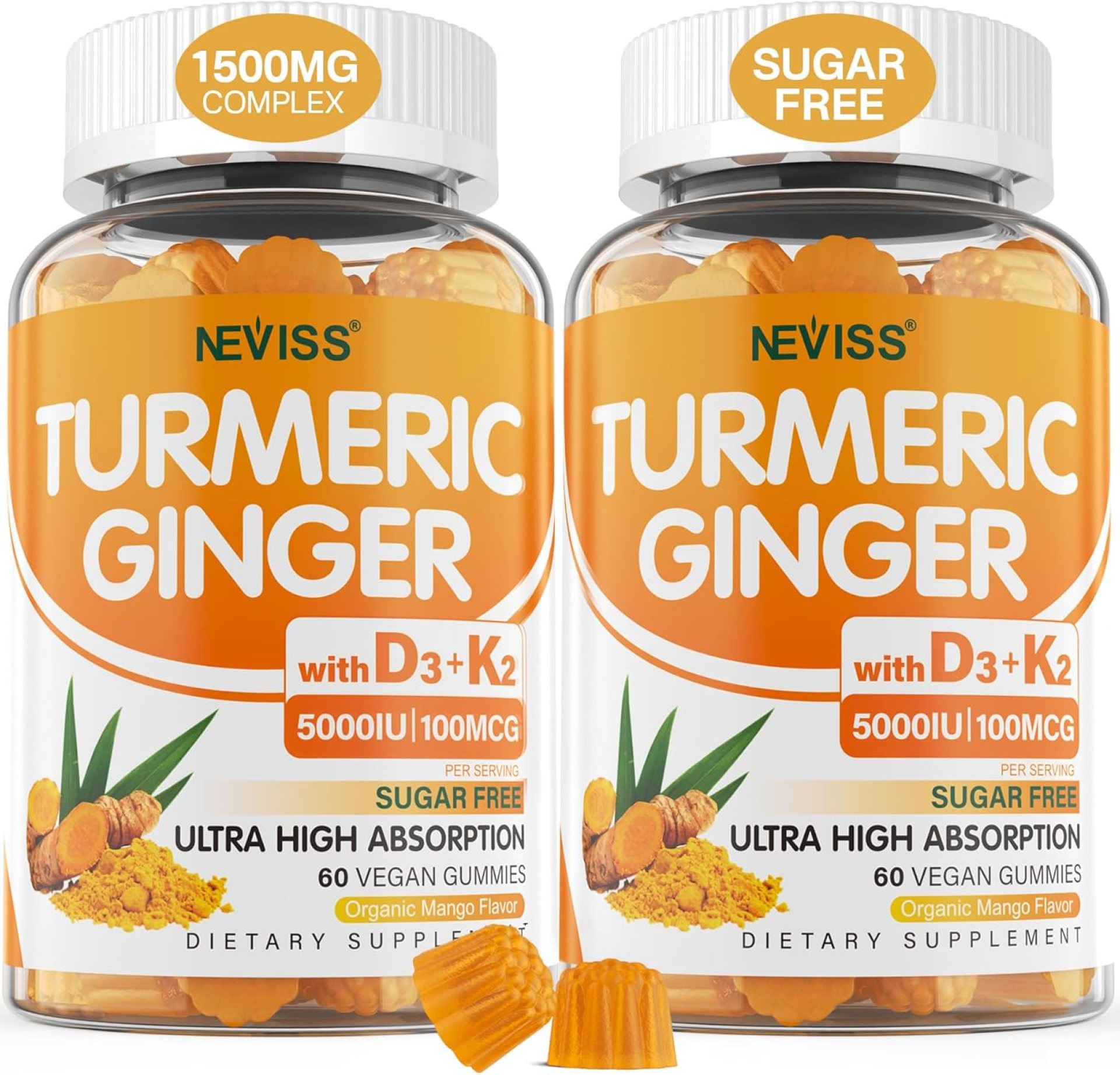 Sugar Free Turmeric Ginger Gummies with 5000 IU Vitamin D3 & K2 (MK7), C – Vegan Turmeric Supplement Gummies for Adults 1500mg with Black Pepper, Supports Bone, Immune & Digestive Health – 120 Cts Sugar Free Turmeric Ginger Gummies with 5000 IU Vitamin D3 & K2 (MK7), C – Vegan Turmeric Supplement Gummies for Adults 1500mg with Black Pepper, Supports Bone, Immune & Digestive Health – 120 Cts