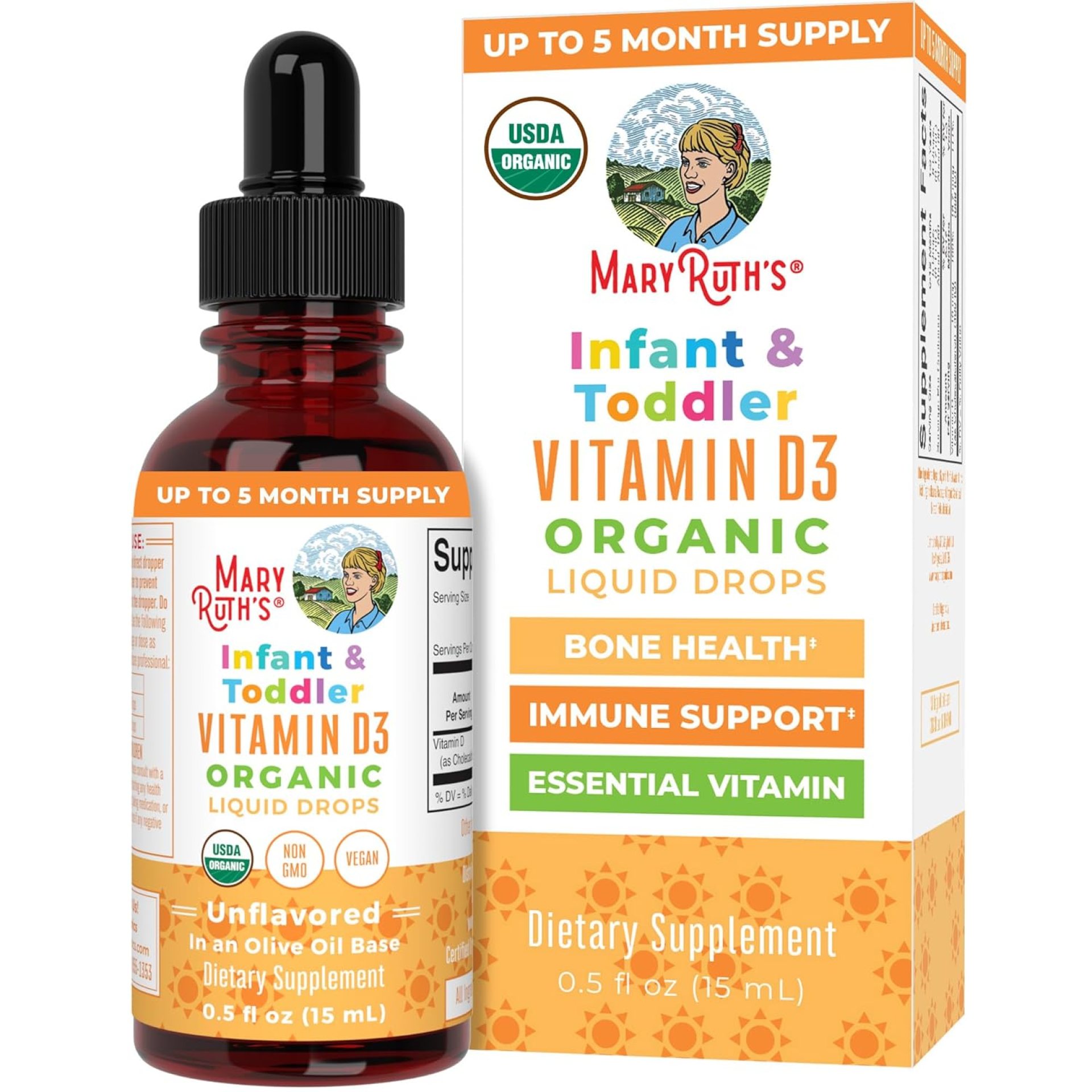 MaryRuth Organics USDA Organic Vitamin D Drops | Vitamin D3 Liquid | Sugar Free | Liquid Vitamin D Drops Immune Support for Infants & Toddlers | VIT D3 | Gluten Free | Non-GMO | 90-150 Servings MaryRuth Organics USDA Organic Vitamin D Drops | Vitamin D3 Liquid | Sugar Free | Liquid Vitamin D Drops Immune Support for Infants & Toddlers | VIT D3 | Gluten Free | Non-GMO | 90-150 Servings
