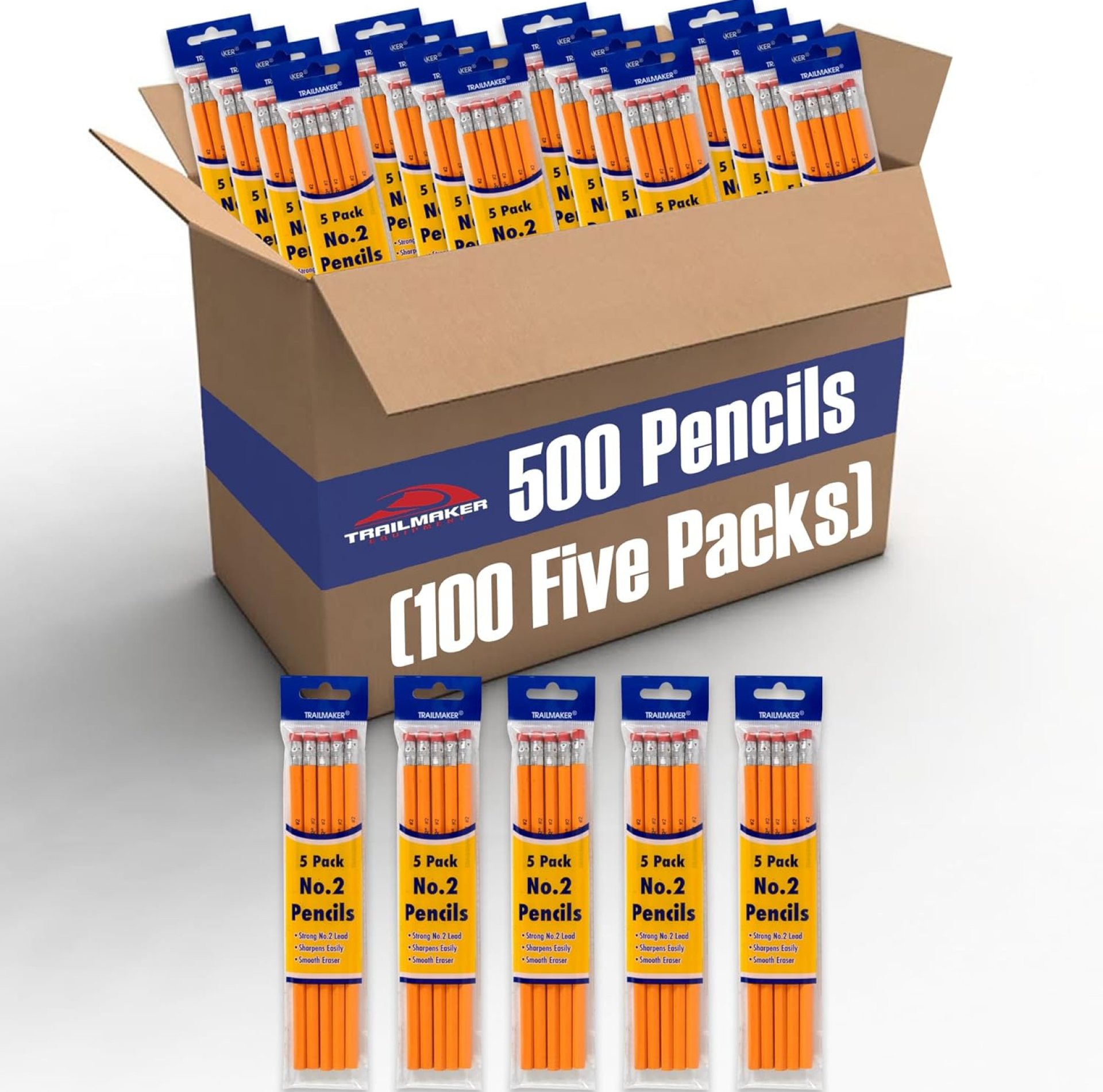 Trail maker Wood Cased #2 HB Pencils – 500 Unsharpened Yellow Pencils in Bulk for School, Office (100 5-Packs) Trail maker Wood Cased #2 HB Pencils – 500 Unsharpened Yellow Pencils in Bulk for School, Office (100 5-Packs)
