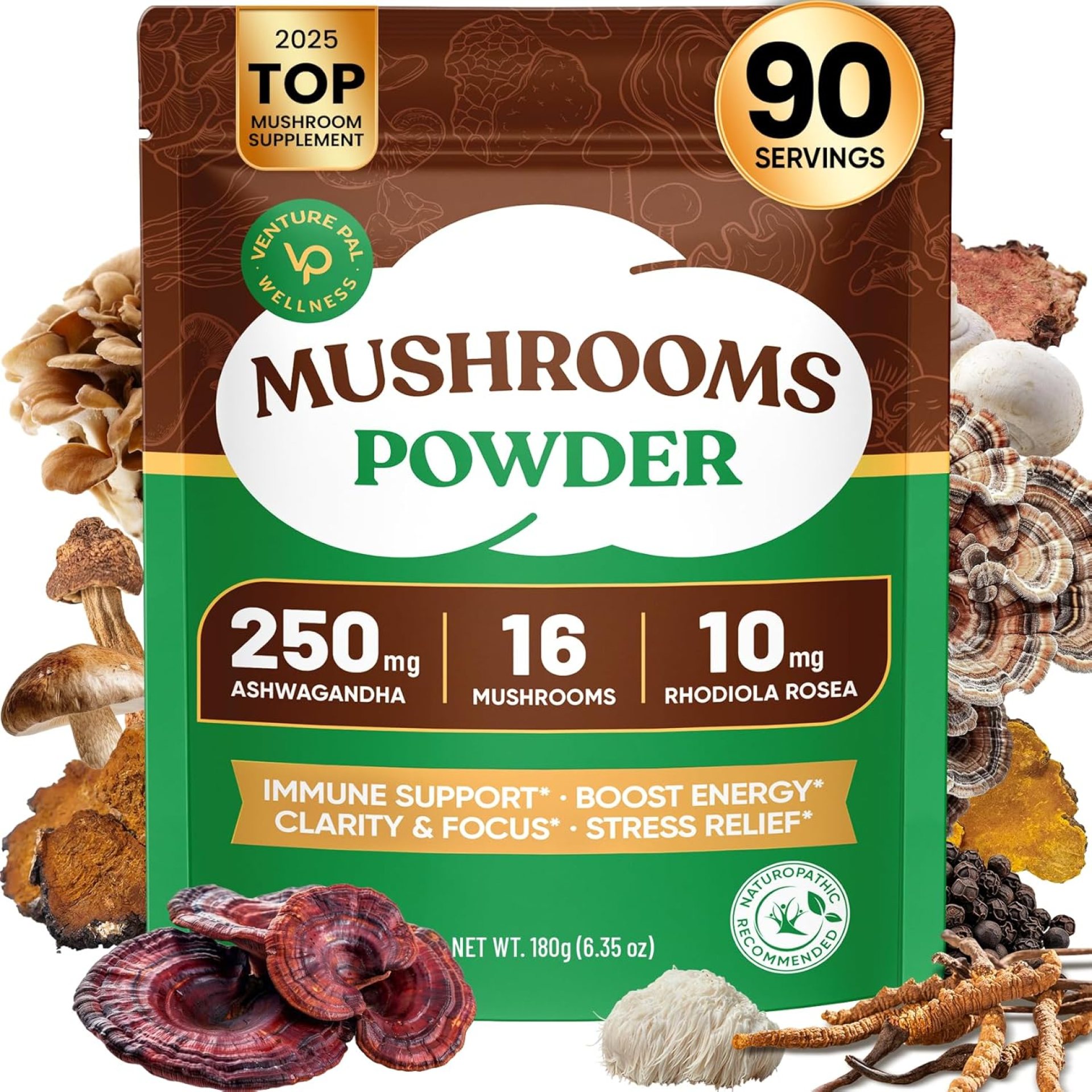 Venture Pal 16-in-1 Mushroom Powder 17,300mg with Adaptogens for Coffee & Tea | Ashwagandha, Lion’s Mane, Rhodiola | 10:1 Extract from 100% Fruiting Bodies | 90 Servings Venture Pal 16-in-1 Mushroom Powder 17,300mg with Adaptogens for Coffee & Tea | Ashwagandha, Lion’s Mane, Rhodiola | 10:1 Extract from 100% Fruiting Bodies | 90 Servings