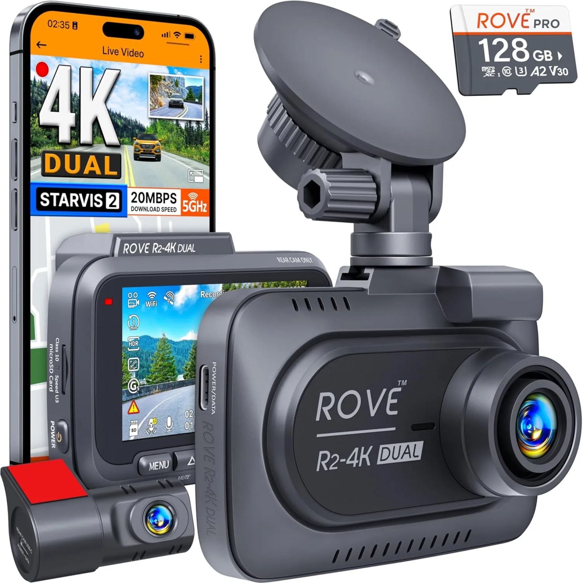 ROVE R2-4K DUAL Dash Cam Front and Rear, STARVIS 2 Sensor, FREE 128GB Card Included, 5G WiFi – up to 20MB/s Fastest Download Speed with App, 4K 2160P/FHD Dash Camera for Cars, 3″ IPS, 24H Parking Mode ROVE R2-4K DUAL Dash Cam Front and Rear, STARVIS 2 Sensor, FREE 128GB Card Included, 5G WiFi – up to 20MB/s Fastest Download Speed with App, 4K 2160P/FHD Dash Camera for Cars, 3″ IPS, 24H Parking Mode