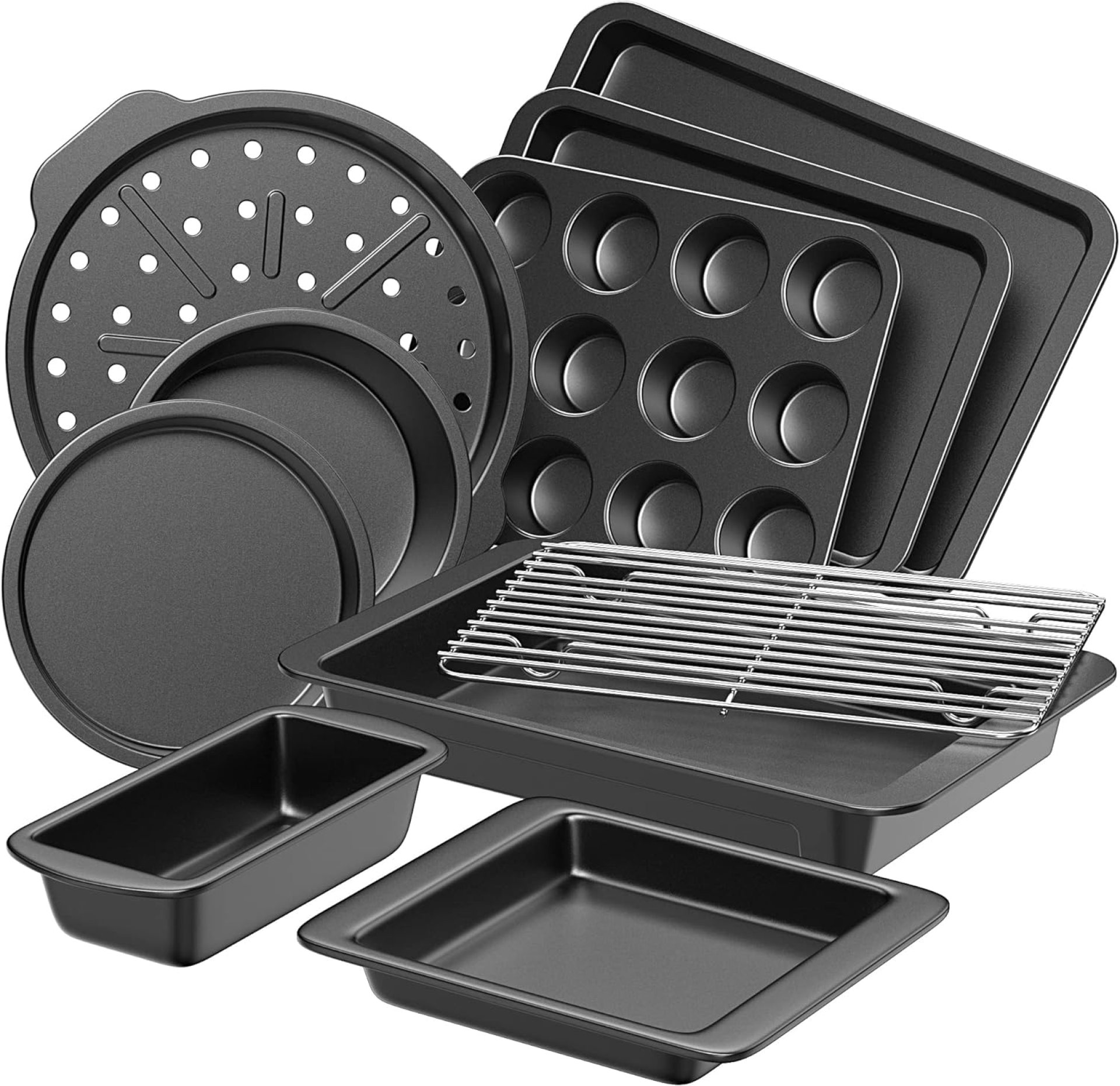 HONGBAKE Bakeware Sets, Baking Pans Set, Nonstick Oven Pan for Kitchen with Wider Grips, 10 Pieces Including Rack, Cookie Sheet, Cake Pans, Loaf Pan, Muffin Pan, Pizza Pan – Grey HONGBAKE Bakeware Sets, Baking Pans Set, Nonstick Oven Pan for Kitchen with Wider Grips, 10 Pieces Including Rack, Cookie Sheet, Cake Pans, Loaf Pan, Muffin Pan, Pizza Pan – Grey