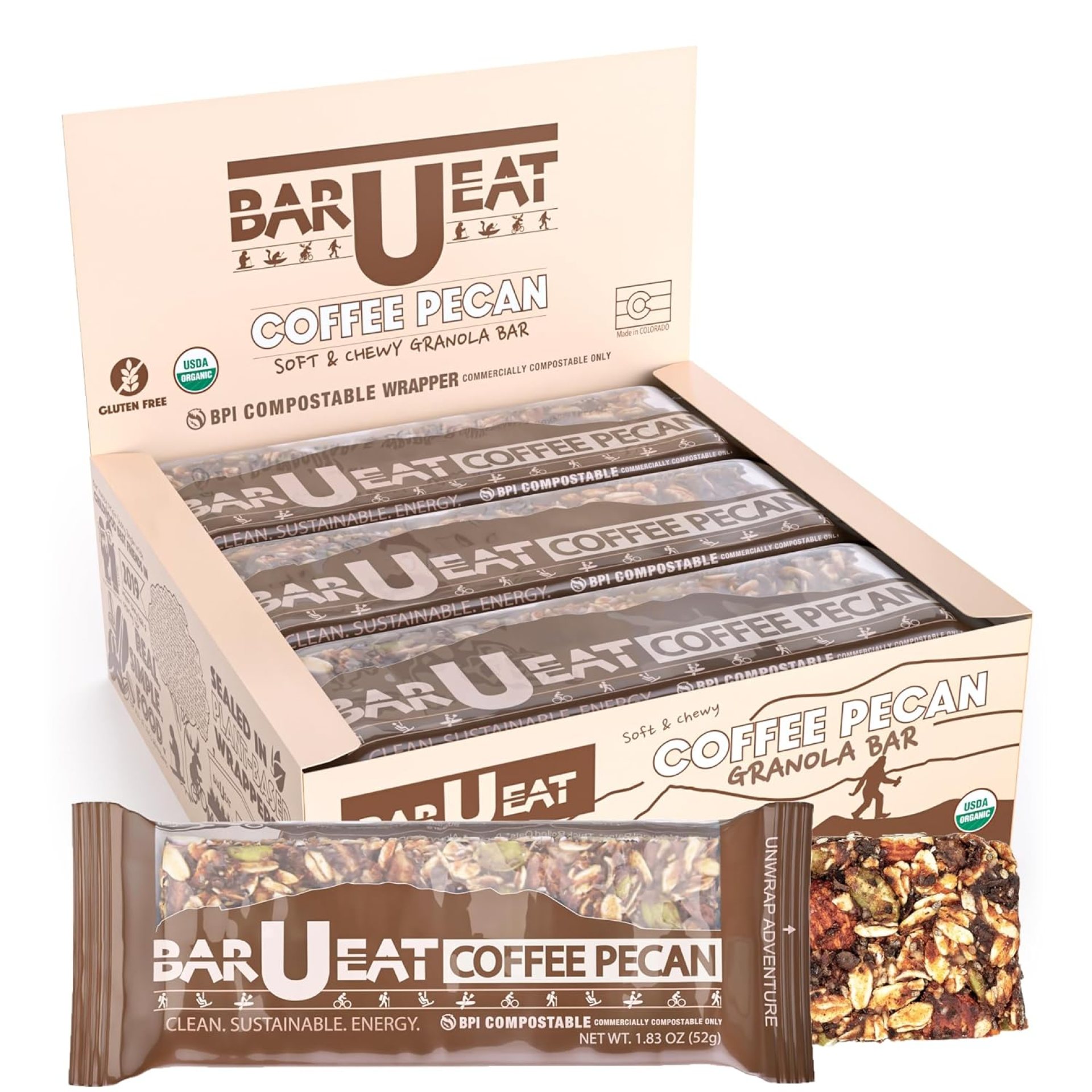 BAR-U-EAT Gluten-Free, Organic, Soft & Chewy Energy Bar. Whole Food Ingredients | Compostable Packaging | No Artificial Sugar | Healthy Snacks (Coffee Pecan 12 Pack) BAR-U-EAT Gluten-Free, Organic, Soft & Chewy Energy Bar. Whole Food Ingredients | Compostable Packaging | No Artificial Sugar | Healthy Snacks (Coffee Pecan 12 Pack)