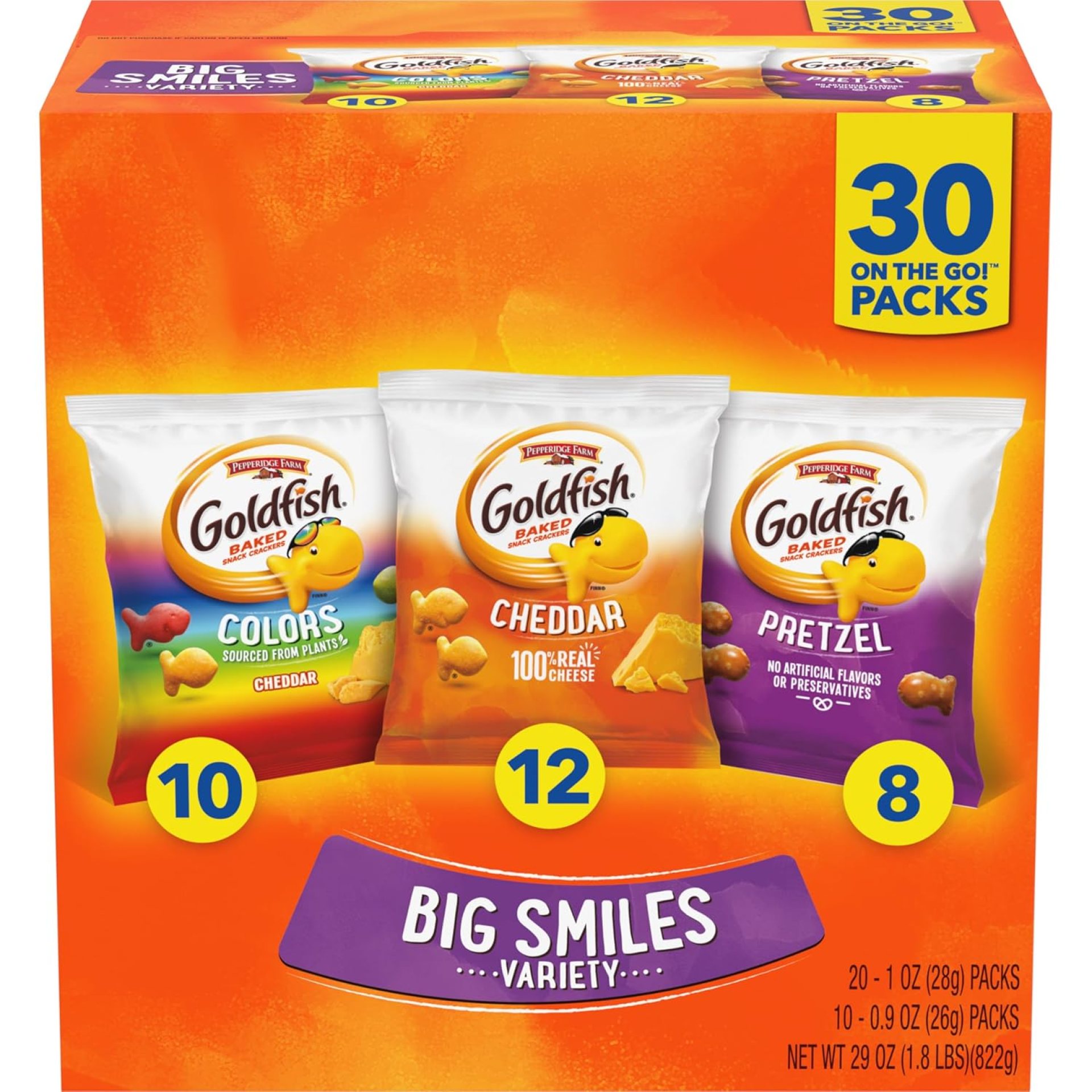 Goldfish Crackers Big Smiles Variety Pack with Cheddar, Colors, and Pretzels, Snack Packs, 30 Ct Goldfish Crackers Big Smiles Variety Pack with Cheddar, Colors, and Pretzels, Snack Packs, 30 Ct