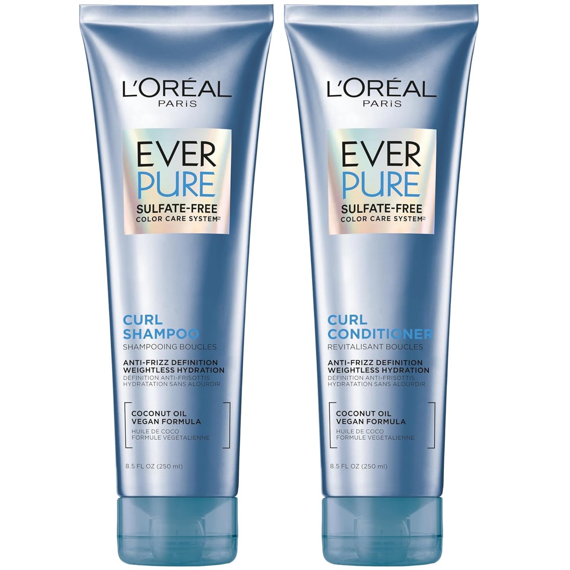 L’Oreal Paris Sulfate Free Shampoo and Conditioner for Curly Hair, Lightweight, Anti-Frizz Hair Care with Coconut Oil, EverPure, 8.5 Fl Oz, Set of 2 (Packaging May Vary) L’Oreal Paris Sulfate Free Shampoo and Conditioner for Curly Hair, Lightweight, Anti-Frizz Hair Care with Coconut Oil, EverPure, 8.5 Fl Oz, Set of 2 (Packaging May Vary)