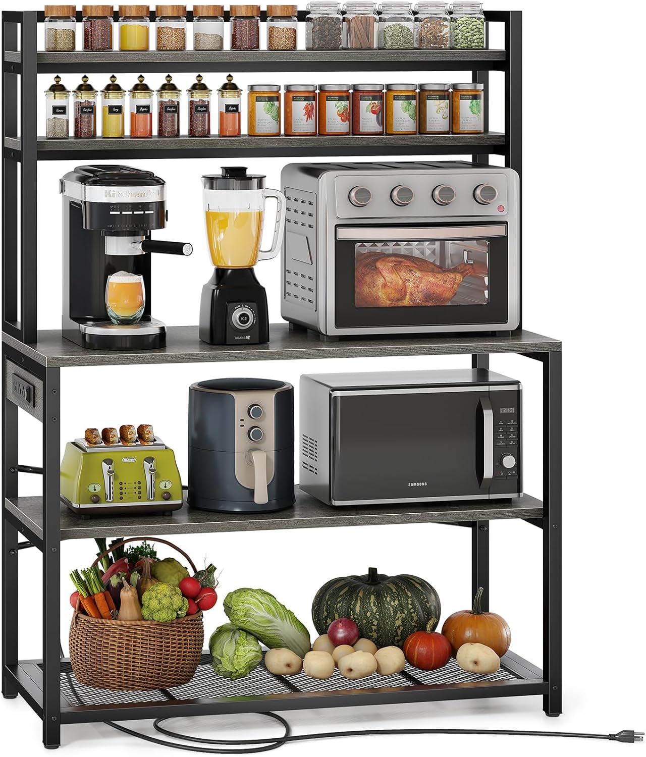 Denkee 39.4 Inch Wide Large Bakers Rack with 3 Power Outlets, 5 Tiers Kitchen Stands with Storage, Freestanding Microwave Stand, Coffee Bar Station, Grey Denkee 39.4 Inch Wide Large Bakers Rack with 3 Power Outlets, 5 Tiers Kitchen Stands with Storage, Freestanding Microwave Stand, Coffee Bar Station, Grey
