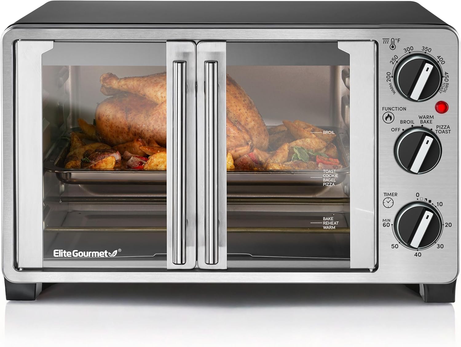 Elite Gourmet ETO2530M Double French Door Countertop Toaster Oven, Bake, Broil, Toast, Keep Warm, Fits 12″ pizza, 25L capacity, Stainless Steel & Black Elite Gourmet ETO2530M Double French Door Countertop Toaster Oven, Bake, Broil, Toast, Keep Warm, Fits 12″ pizza, 25L capacity, Stainless Steel & Black