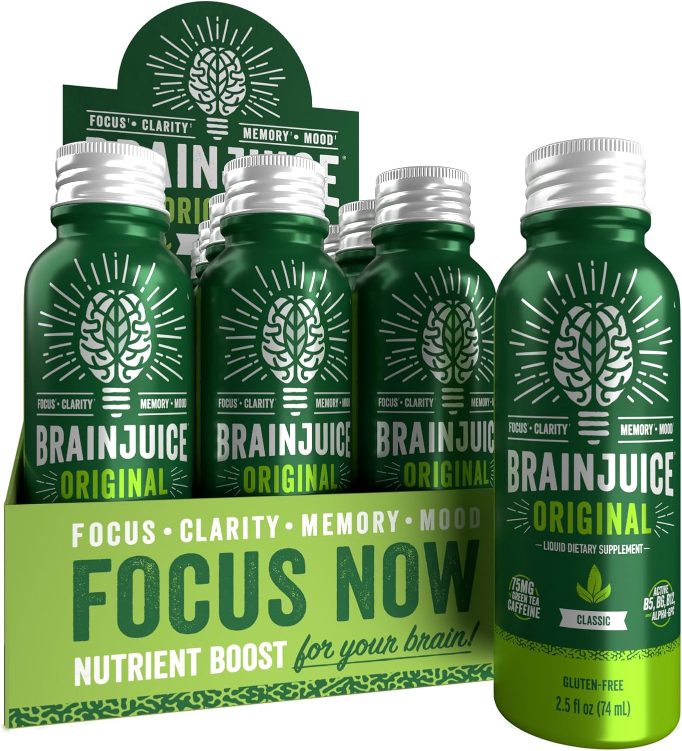 BrainJuice Brain Support Shot, Gluten Free Supplement Shots for Energy & Focus, Healthy Drinks with Alpha GPC, Vitamin B & Organic Green Tea Extract Caffeine, Classic, 2.5 fl oz, 12 Pack BrainJuice Brain Support Shot, Gluten Free Supplement Shots for Energy & Focus, Healthy Drinks with Alpha GPC, Vitamin B & Organic Green Tea Extract Caffeine, Classic, 2.5 fl oz, 12 Pack