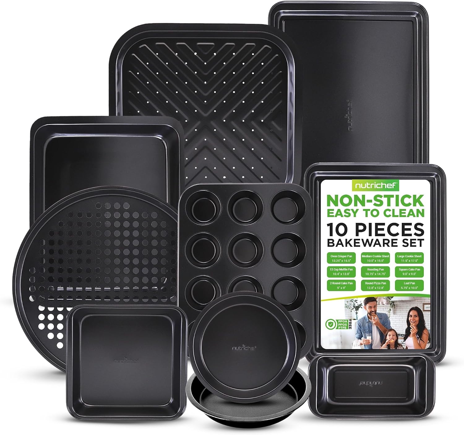 NutriChef 10-Piece Non-Stick Baking Pans Set – Deluxe Carbon Steel Bakeware Set w/ Cookie Sheets, Muffin Pan, Roasting Pan, Cake Pan, Baking Tray, Pizza Pan – Easy to Clean, Black NutriChef 10-Piece Non-Stick Baking Pans Set – Deluxe Carbon Steel Bakeware Set w/ Cookie Sheets, Muffin Pan, Roasting Pan, Cake Pan, Baking Tray, Pizza Pan – Easy to Clean, Black