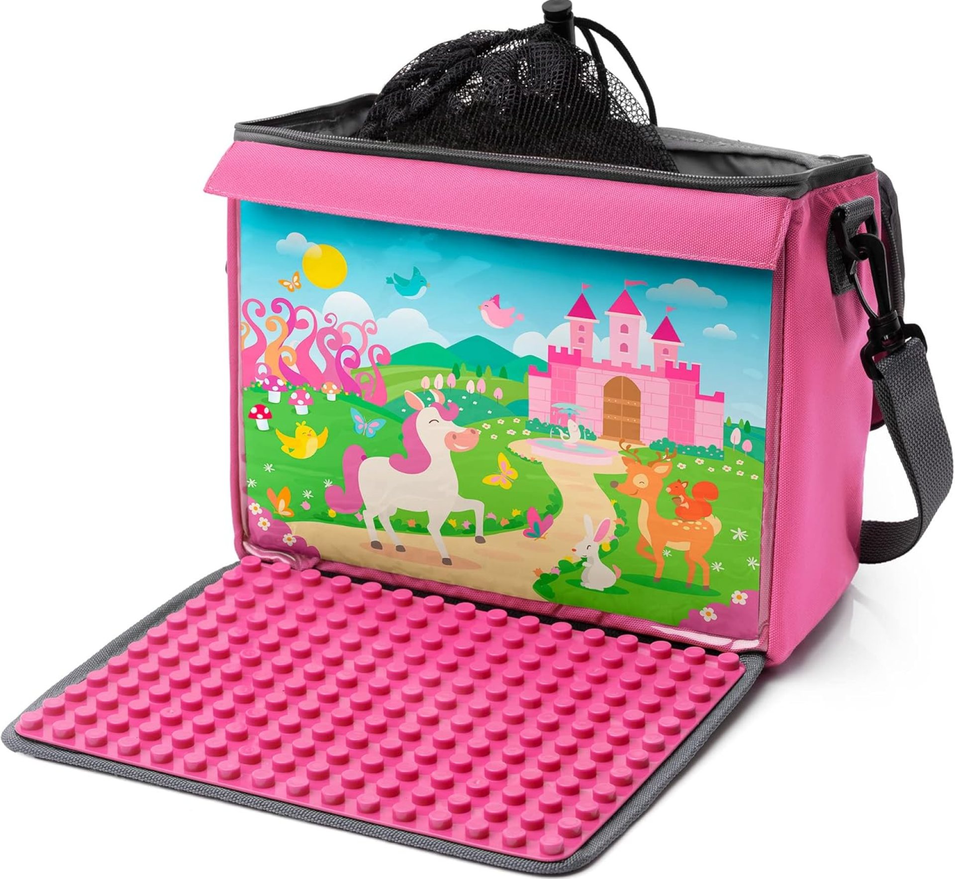 Toy Brick Bag with fold-out base plate compatible with big building blocks of various brands e.g. Lego Duplo BAG COLOR princess pink, SIZE L Toy Brick Bag with fold-out base plate compatible with big building blocks of various brands e.g. Lego Duplo BAG COLOR princess pink, SIZE L