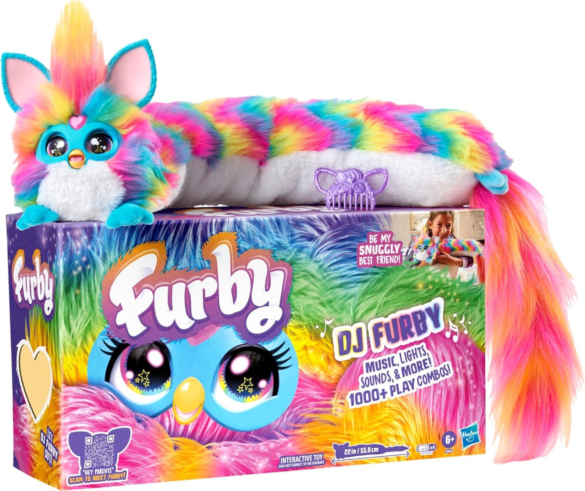 FURBY DJ Interactive Toy, Super Snuggly Rainbow Electronic Plush with Music, Lights, Motion, & Games, Speaks English & Furbish, 32in Long, Ages 6+ FURBY DJ Interactive Toy, Super Snuggly Rainbow Electronic Plush with Music, Lights, Motion, & Games, Speaks English & Furbish, 32in Long, Ages 6+