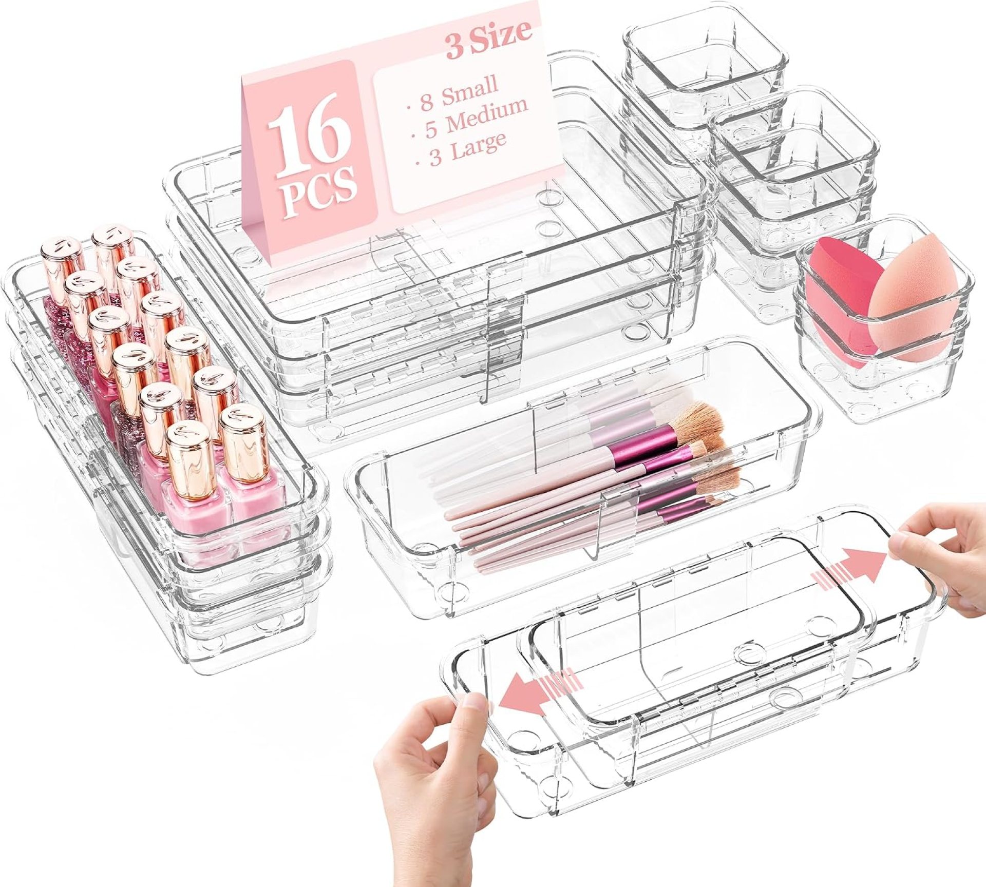DILIBRA 16 Pcs Clear Extendable Drawer Organizer, Adjustable Drawer Storage 3-Size Desk Drawer Organizer, Plastic Non-Slip Storage Bins for Makeup, Cosmetic, Jewelries, Utensils, Stationery, Dressers DILIBRA 16 Pcs Clear Extendable Drawer Organizer, Adjustable Drawer Storage 3-Size Desk Drawer Organizer, Plastic Non-Slip Storage Bins for Makeup, Cosmetic, Jewelries, Utensils, Stationery, Dressers