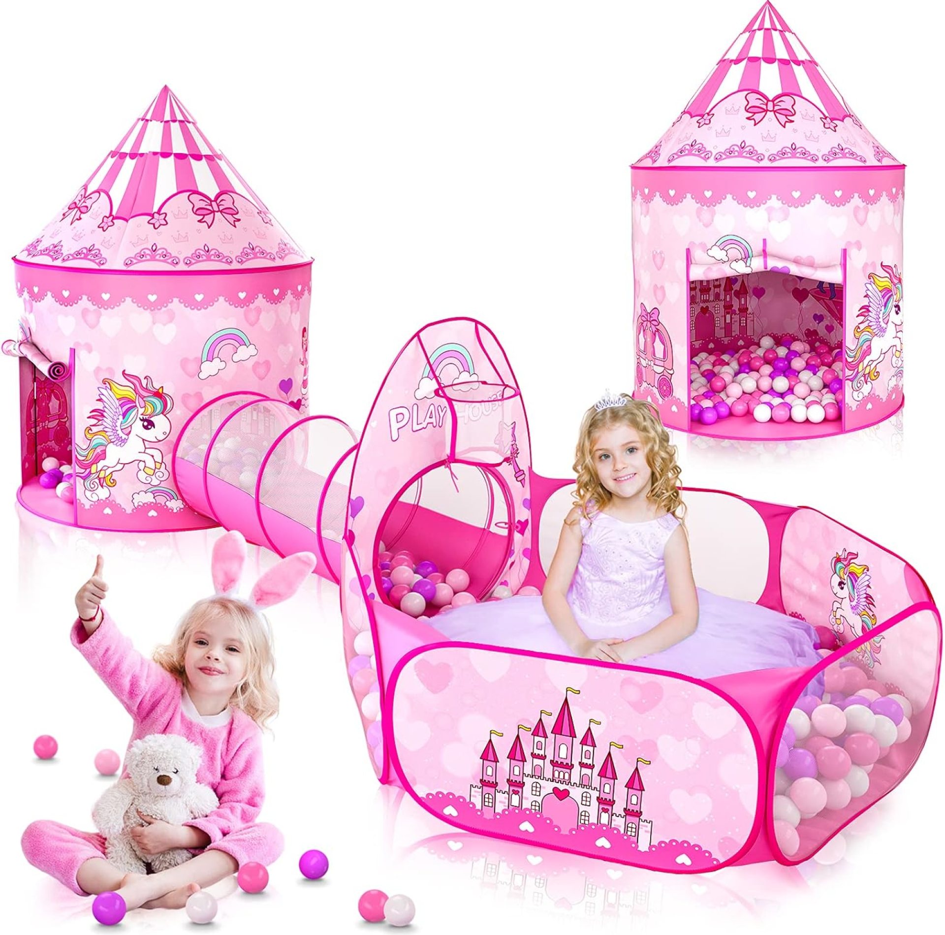 3PC Princess Tent for Girls with Kids Ball Pit and Crawl Tunnel for Toddlers, Pink Pop Up Playhouse Toys Indoor& Outdoor for Birthday Gifts 3PC Princess Tent for Girls with Kids Ball Pit and Crawl Tunnel for Toddlers, Pink Pop Up Playhouse Toys Indoor& Outdoor for Birthday Gifts