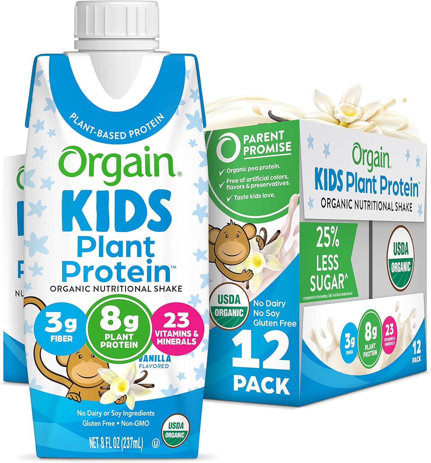 Orgain Organic Kids Nutritional Vegan Protein Shake, Vanilla – Healthy Kids Snacks, 8g Plant Protein, 3g Fiber, 23 Vitamins & Minerals, No Dairy & Soy Ingredients, Non-GMO, 8 Fl Oz (Pack of 12) Orgain Organic Kids Nutritional Vegan Protein Shake, Vanilla – Healthy Kids Snacks, 8g Plant Protein, 3g Fiber, 23 Vitamins & Minerals, No Dairy & Soy Ingredients, Non-GMO, 8 Fl Oz (Pack of 12)