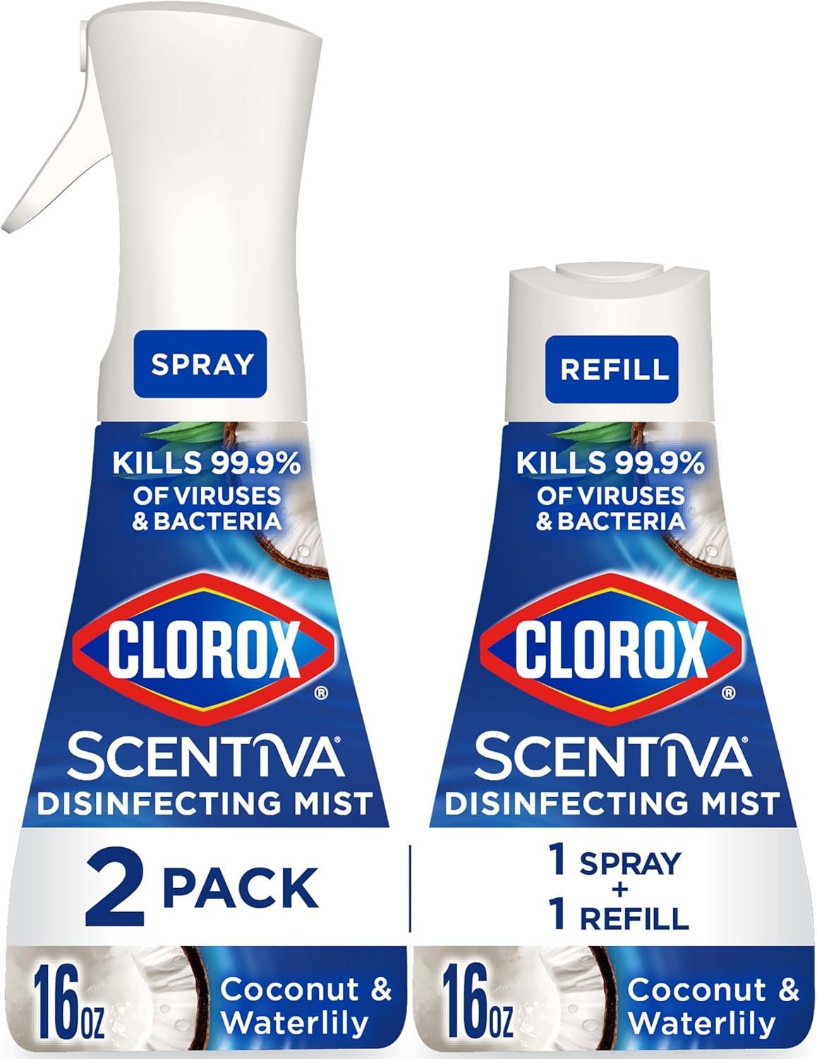 Clorox Scentiva Disinfecting Mist, Coconut and Waterlily, 1 Spray and 1 Refill, 16 oz Each Clorox Scentiva Disinfecting Mist, Coconut and Waterlily, 1 Spray and 1 Refill, 16 oz Each