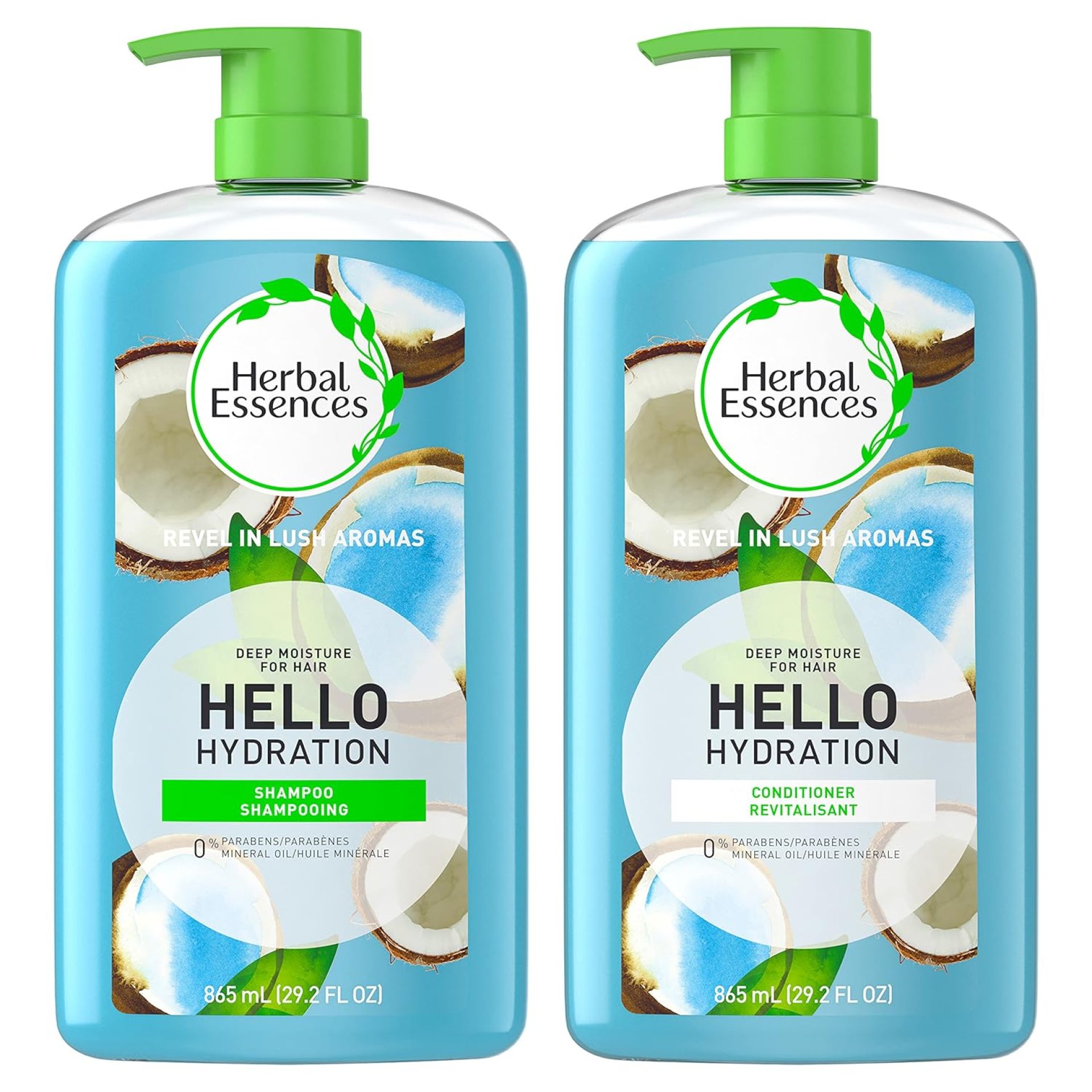 Herbal Essences Moisturizing Shampoo and Conditioner Set, Paraben Free, Hello Hydration, Safe for Color-Treated Hair, Coconut, Blue, 29.2 fl oz Herbal Essences Moisturizing Shampoo and Conditioner Set, Paraben Free, Hello Hydration, Safe for Color-Treated Hair, Coconut, Blue, 29.2 fl oz