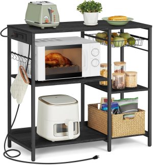 VASAGLE Baker’s Rack, Coffee Bar Stand with Charging Station, Storage Shelves, Pull-Out Wire Basket, Table for Microwave, Kitchen, Charcoal Gray UKKS036B22, 15.7 x 35.4 x 35.6 Inches