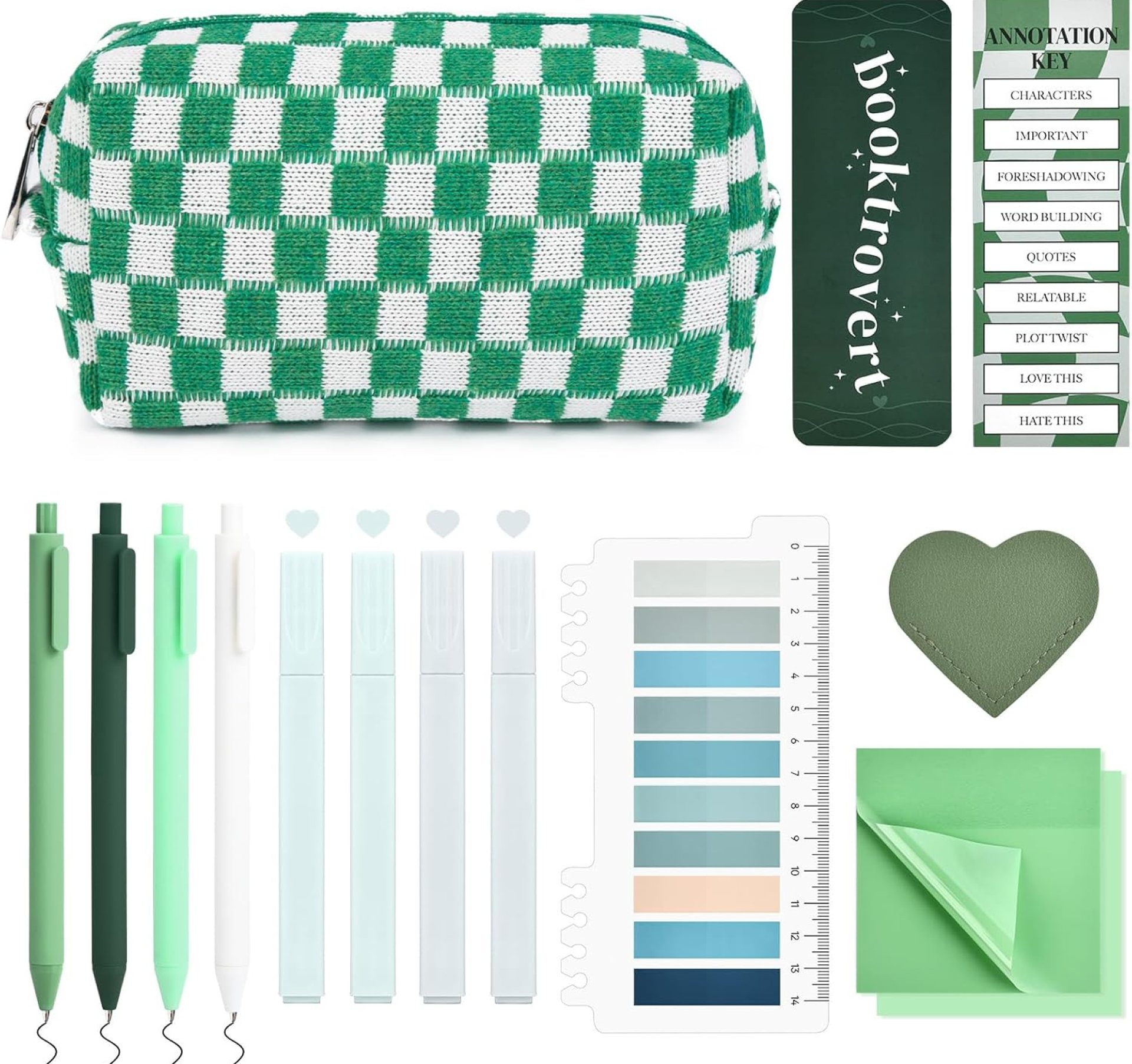 14 PCS Aesthetic Book Annotation Kit Large Checkered Pencil Case Book Lover Bookmark Dual Highlighters Gel Pens Study Supplies Stationary Set for Student Green 14 PCS Aesthetic Book Annotation Kit Large Checkered Pencil Case Book Lover Bookmark Dual Highlighters Gel Pens Study Supplies Stationary Set for Student Green