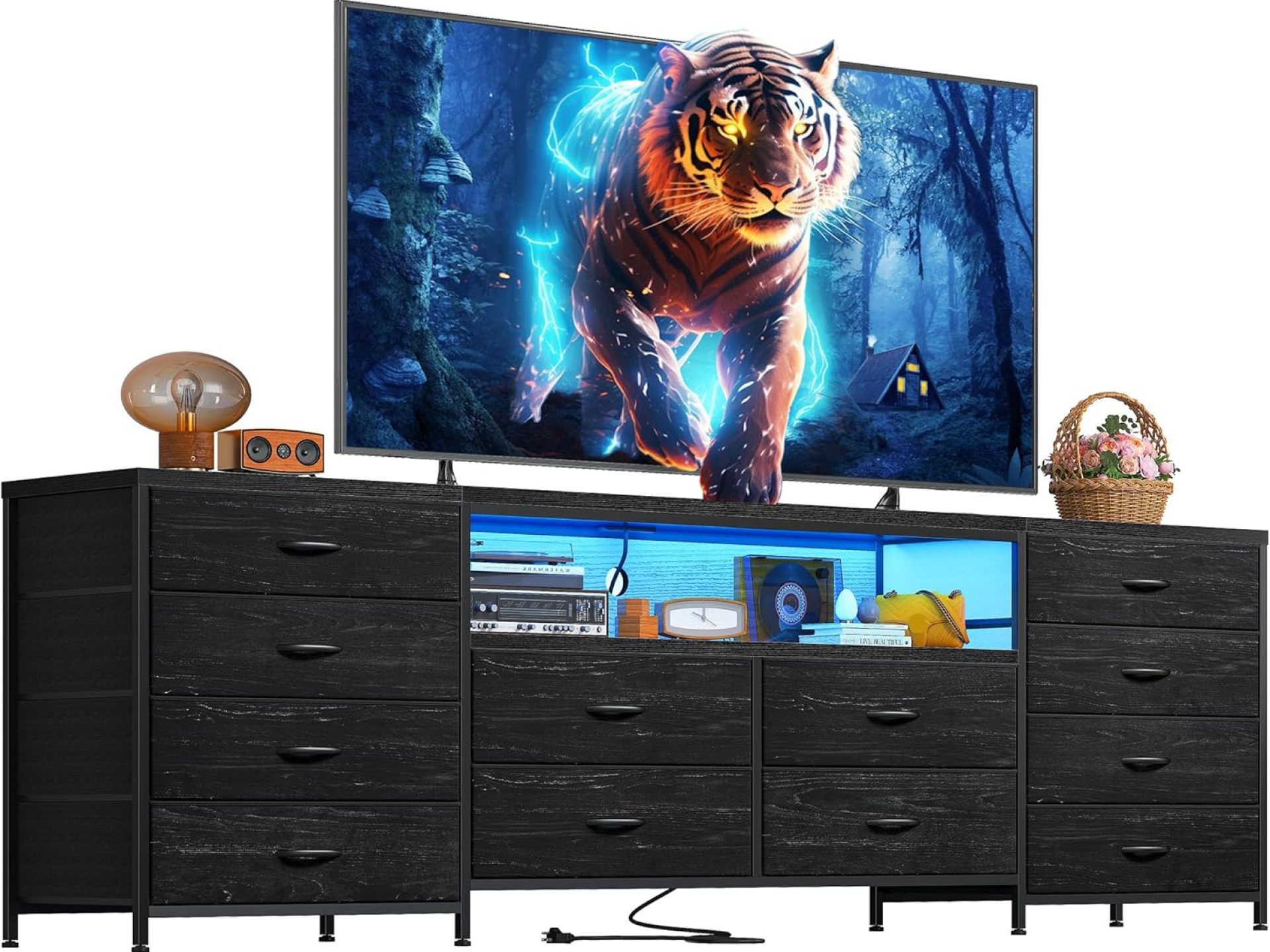 Fits 75″ TV Stand Dresser for 65 70 75 Inch TV 63″ W Dresser TV Stand for Bedroom with LED Lights & Power Outlets & 12 Drawers Black Dresser for Bedroom Long Fabric Dresser Entertainment Center Fits 75″ TV Stand Dresser for 65 70 75 Inch TV 63″ W Dresser TV Stand for Bedroom with LED Lights & Power Outlets & 12 Drawers Black Dresser for Bedroom Long Fabric Dresser Entertainment Center