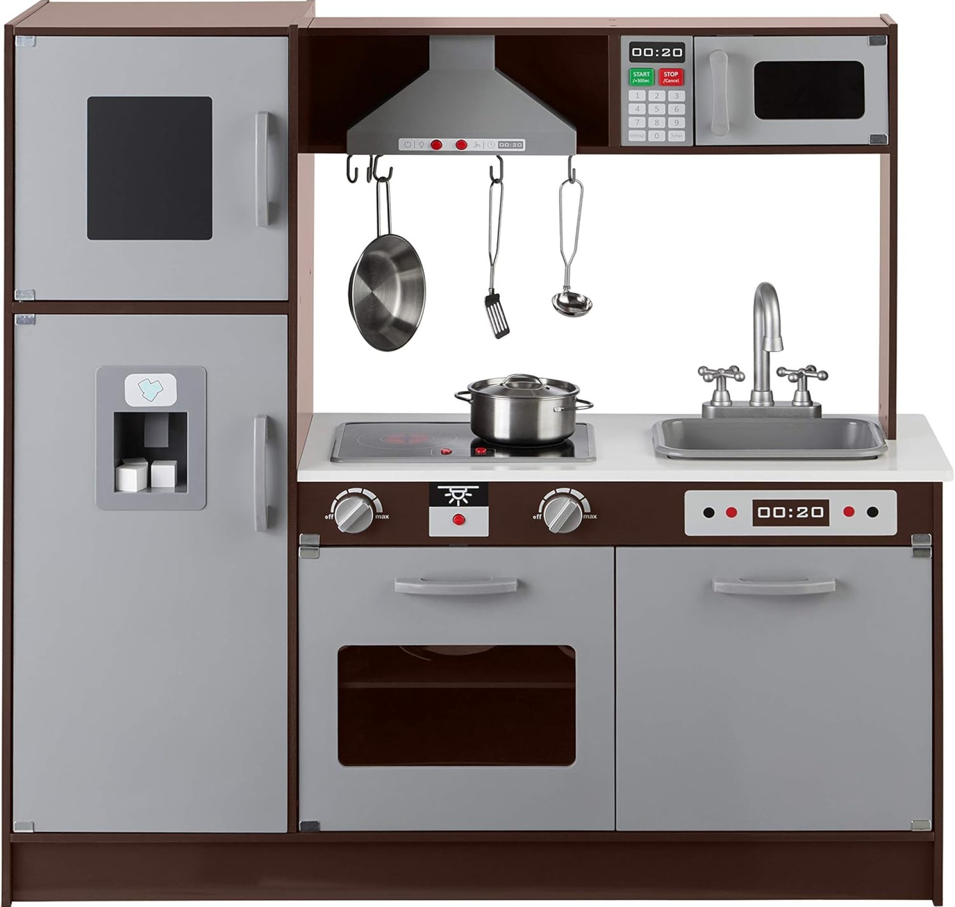 Amazon Basics Kids Upright Wooden Kitchen Toy Playset with Stove, Oven, Sink, Fridge and Accessories, for Toddlers, Preschoolers, Children Age 3+ Years, Espresso/Gray, 39×11.8×39” Amazon Basics Kids Upright Wooden Kitchen Toy Playset with Stove, Oven, Sink, Fridge and Accessories, for Toddlers, Preschoolers, Children Age 3+ Years, Espresso/Gray, 39×11.8×39”