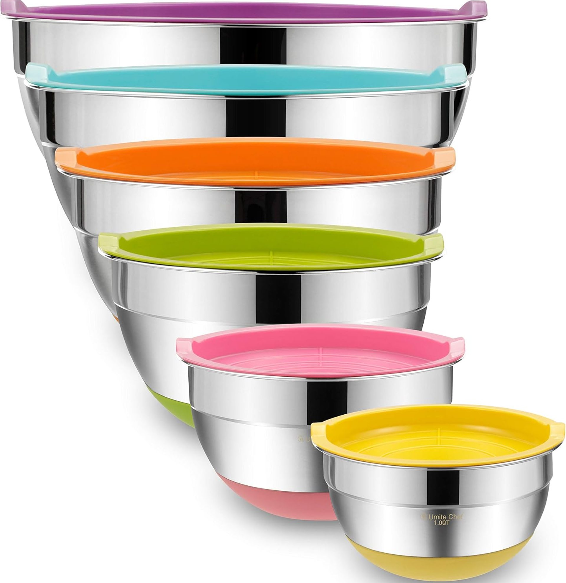 Umite Chef Mixing Bowls with Airtight Lids, 6 Piece Stainless Steel Metal Bowls, Measurement Marks & Colorful Non-Slip Bottoms Size 7, 3.5, 2.5, 2.0,1.5, 1QT, Great for Mixing & Serving Umite Chef Mixing Bowls with Airtight Lids, 6 Piece Stainless Steel Metal Bowls, Measurement Marks & Colorful Non-Slip Bottoms Size 7, 3.5, 2.5, 2.0,1.5, 1QT, Great for Mixing & Serving