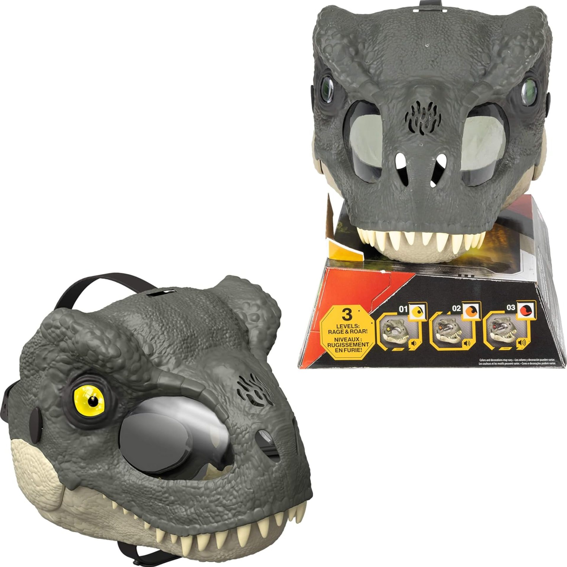 Mattel Jurassic World Rebirth T-Rex Rage N Roar Mask with LED Light Up Eyes, Blink Action with 3 Level Aggression Effect, Dinosaur Costume Headgear Toy Mattel Jurassic World Rebirth T-Rex Rage N Roar Mask with LED Light Up Eyes, Blink Action with 3 Level Aggression Effect, Dinosaur Costume Headgear Toy