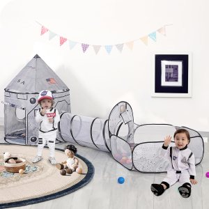 LimitlessFunN 4pc Space Rocket Ship Kids Pop Up Play Tent, Crawl Tunnel, Ball Pit | Includes Star Lights & Carrying Case |, Children Indoor Castle Playhouse for Boys, Toddlers, 47″ D x 126″ W x 53″ H