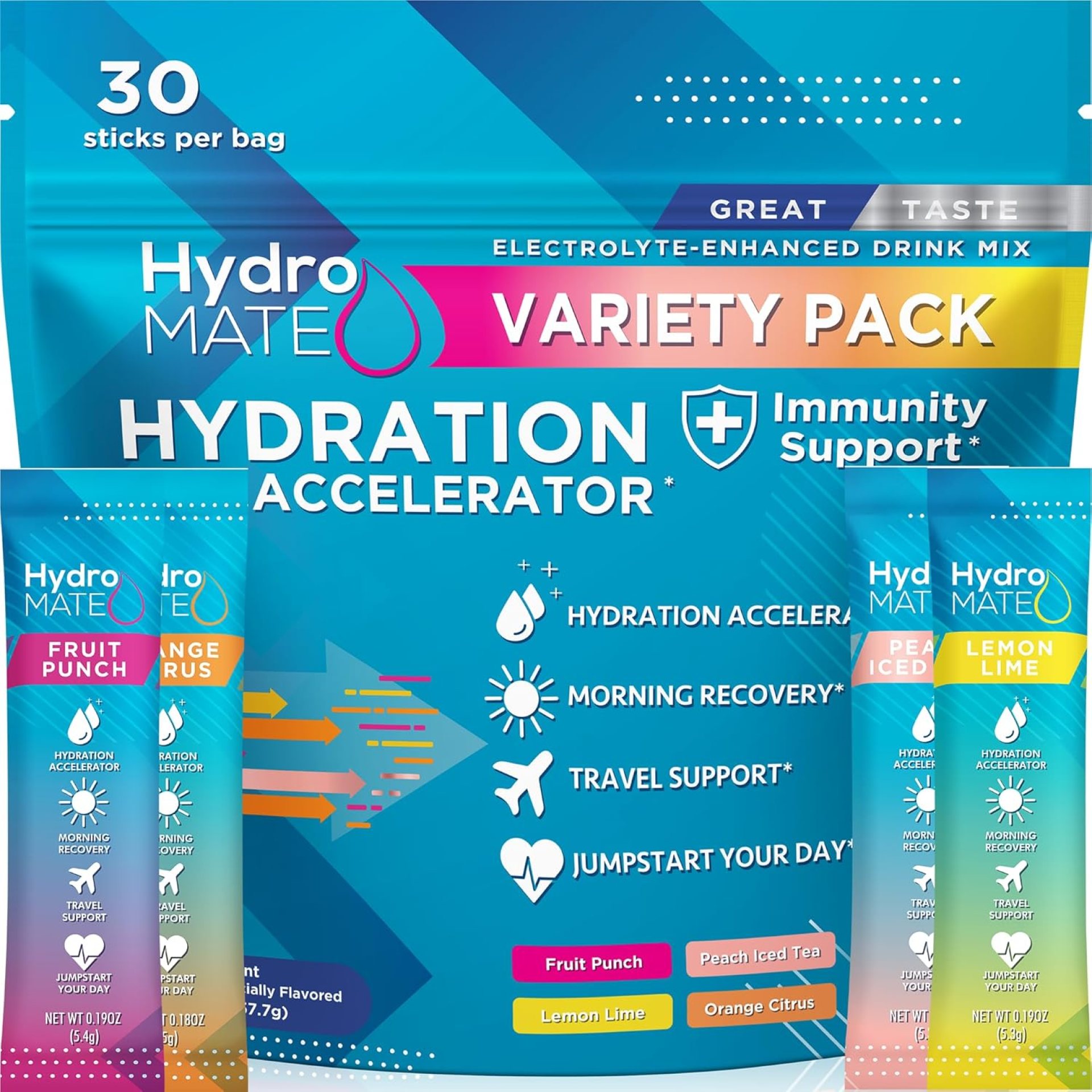 HydroMATE Electrolytes Powder Drink Mix Packets Hydration Accelerator Low Sugar Rapid Party Recovery Plus Vitamin C Variety Pack 30 Count HydroMATE Electrolytes Powder Drink Mix Packets Hydration Accelerator Low Sugar Rapid Party Recovery Plus Vitamin C Variety Pack 30 Count