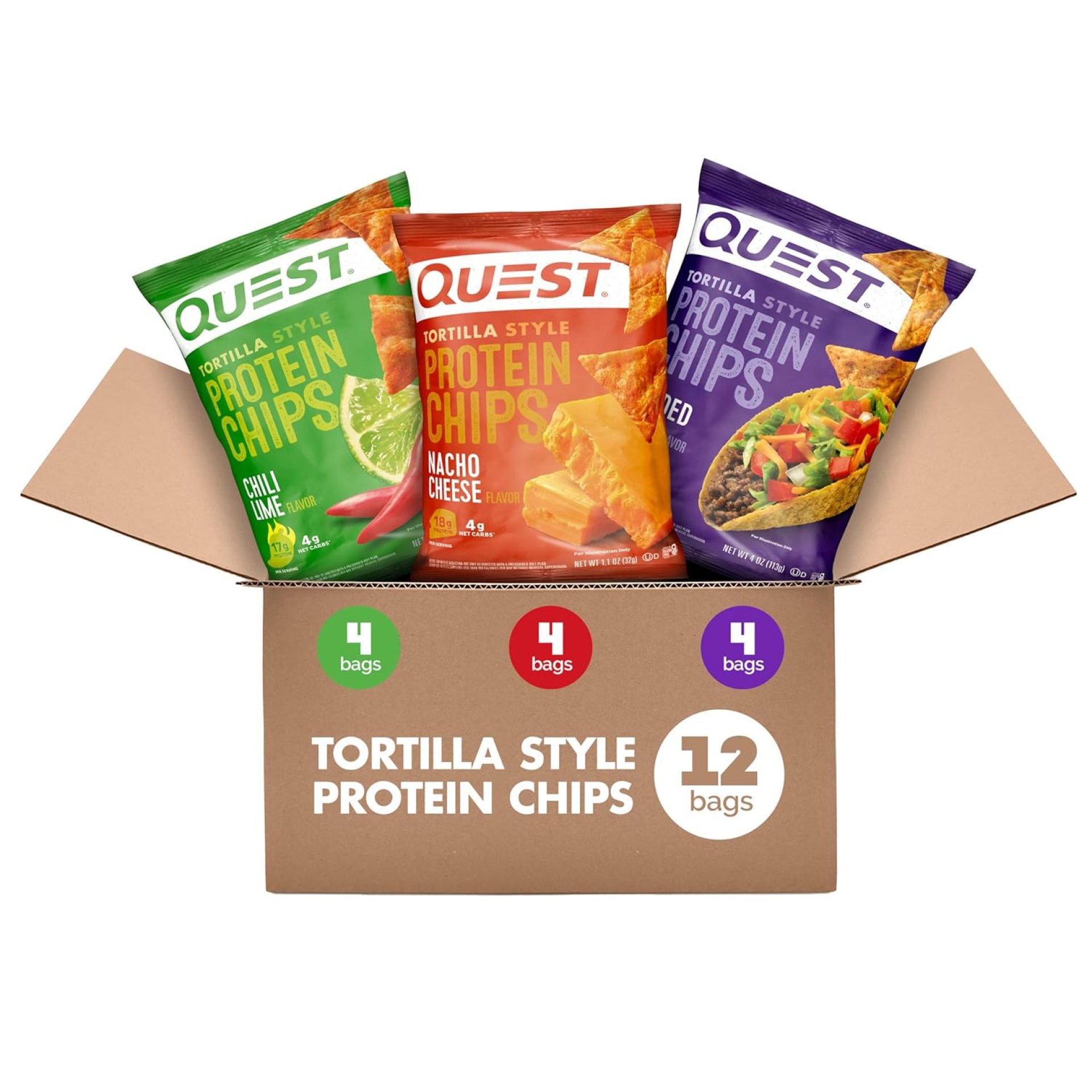 Quest Nutrition Tortilla Style Protein Chips Variety Pack, Chili Lime, Nacho Cheese, Loaded Taco, Low Carb, High Protein, Gluten Free, 1.1 oz (Pack of 12) Quest Nutrition Tortilla Style Protein Chips Variety Pack, Chili Lime, Nacho Cheese, Loaded Taco, Low Carb, High Protein, Gluten Free, 1.1 oz (Pack of 12)