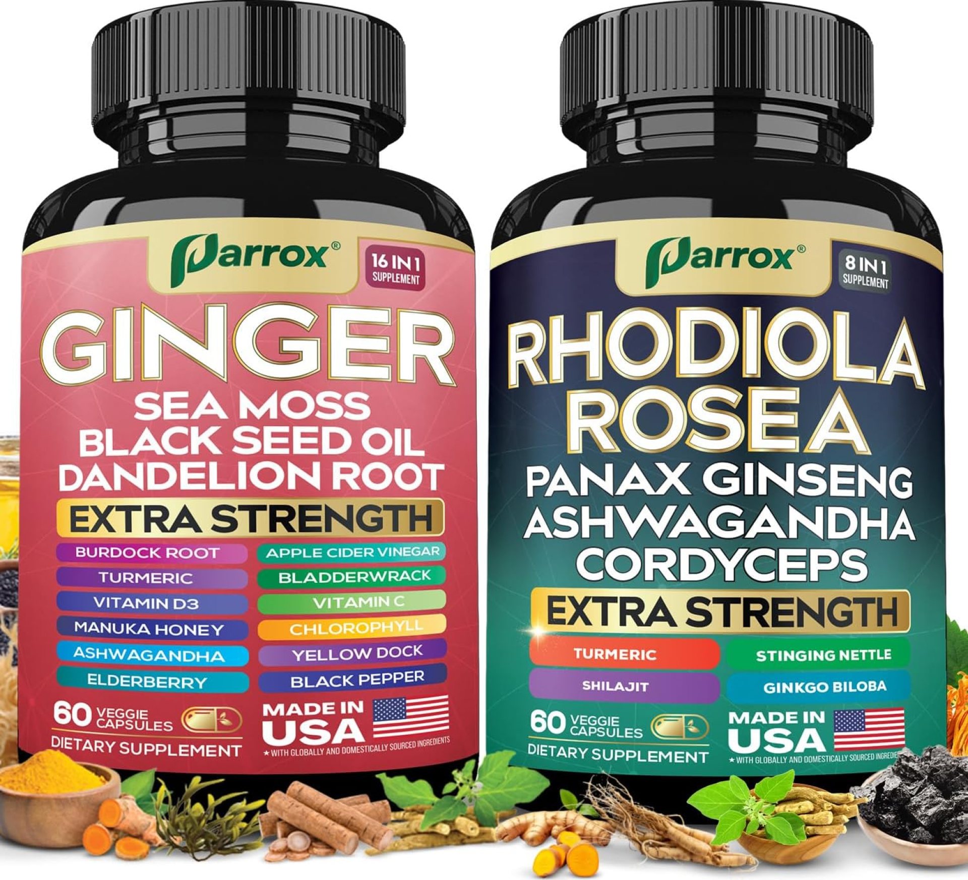 Dynamic Duo Herbal Bundle, Ginger, Rhodiola Rosea, Sea Moss, Ashwagandha, Black Seed Oil, Panax Ginseng, Turmeric, Dandelion, Cordyceps, Ginkgo Biloba, ACV, Elderberry, Manuka Honey Dynamic Duo Herbal Bundle, Ginger, Rhodiola Rosea, Sea Moss, Ashwagandha, Black Seed Oil, Panax Ginseng, Turmeric, Dandelion, Cordyceps, Ginkgo Biloba, ACV, Elderberry, Manuka Honey