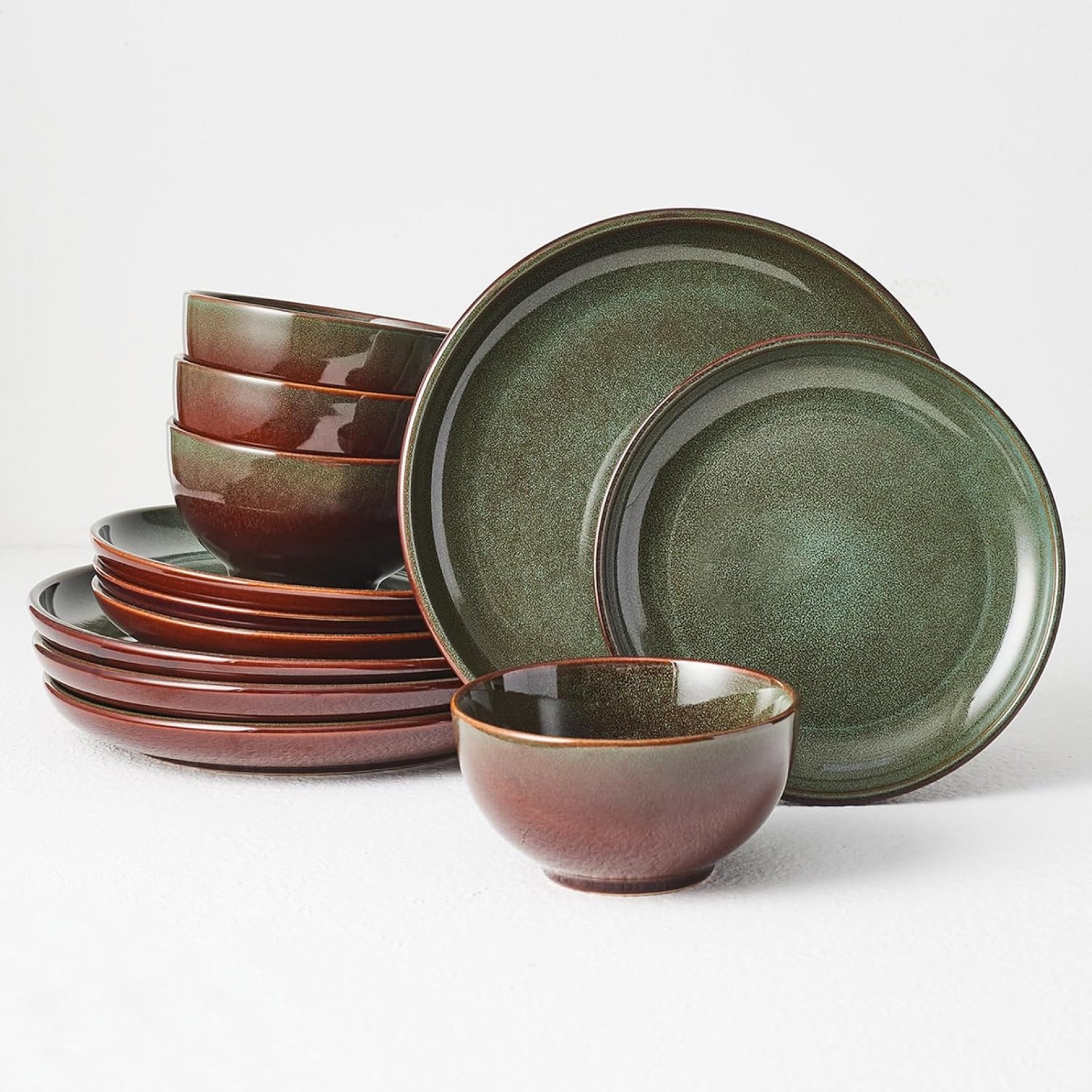 Stoneware Dinnerware Sets Service for 4, 12 pcs Reactive Glaze Plates and Bowls Sets, Handmade Ceramic Dish Set, Highly Chip and Crack Resistant Modern Plate Set, Brown Green Stoneware Dinnerware Sets Service for 4, 12 pcs Reactive Glaze Plates and Bowls Sets, Handmade Ceramic Dish Set, Highly Chip and Crack Resistant Modern Plate Set, Brown Green