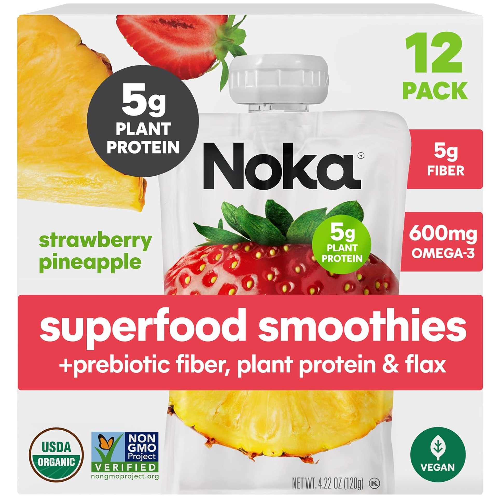 Noka Superfood Fruit Smoothie Pouches, Strawberry Pineapple, Healthy Snacks with Flax Seed, Prebiotic Fiber and Plant Protein, Vegan and Gluten Free, Organic Squeeze Pouch, 4.22 oz, 12 Count Noka Superfood Fruit Smoothie Pouches, Strawberry Pineapple, Healthy Snacks with Flax Seed, Prebiotic Fiber and Plant Protein, Vegan and Gluten Free, Organic Squeeze Pouch, 4.22 oz, 12 Count