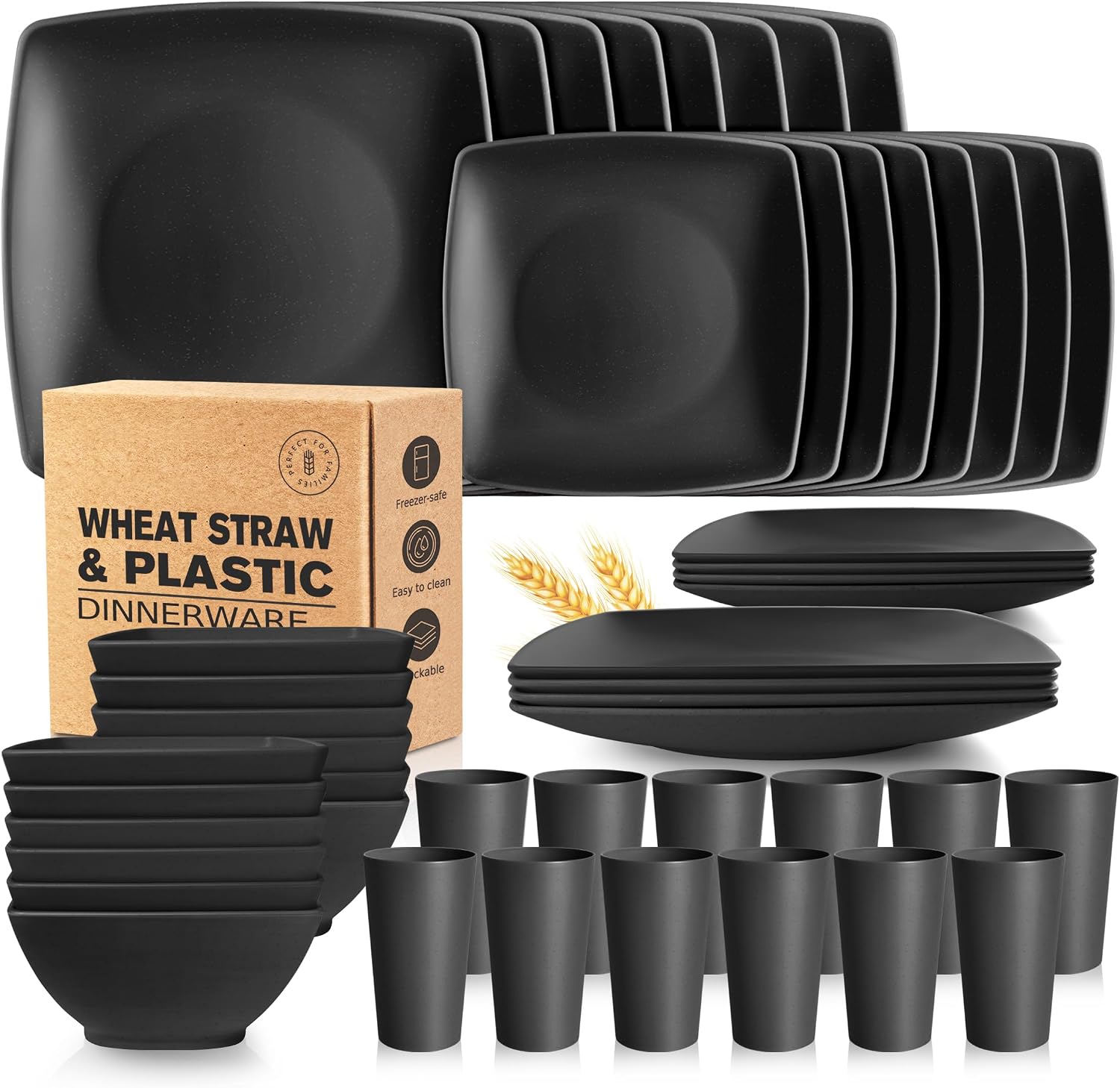 Teivio 48-piece Wheat Straw Square Dinnerware Set for 12, Unbreakable Dinner Plates, Salad Plates, Snack Bowls, Tumblers 13.5 oz, Dishwasher Safe, Black Teivio 48-piece Wheat Straw Square Dinnerware Set for 12, Unbreakable Dinner Plates, Salad Plates, Snack Bowls, Tumblers 13.5 oz, Dishwasher Safe, Black
