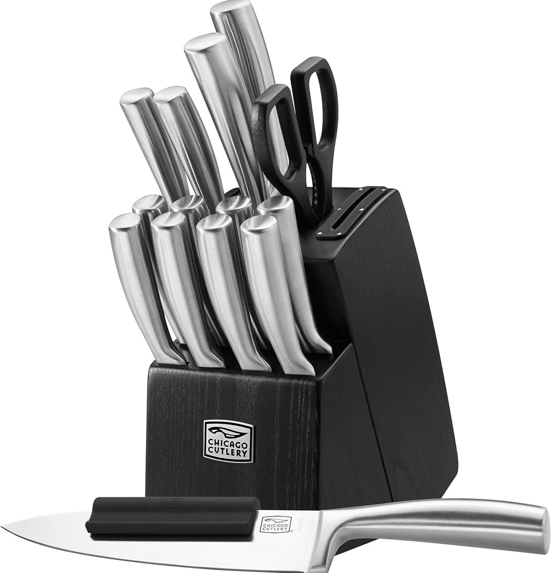 Chicago Cutlery Malden (16-PC) Kitchen Knife Block Set With Wooden Block & Built-In Sharpener, Contoured Handles and Sharp Stainless Steel Professional Chef Knife Set & Scissors Chicago Cutlery Malden (16-PC) Kitchen Knife Block Set With Wooden Block & Built-In Sharpener, Contoured Handles and Sharp Stainless Steel Professional Chef Knife Set & Scissors