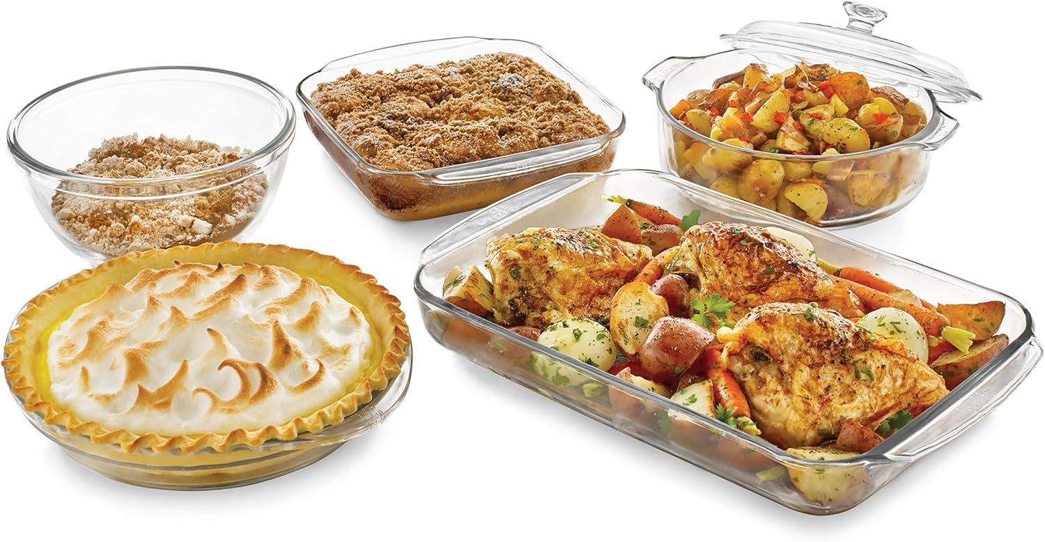 Libbey Baker’s Basics 5 Piece Glass Baking Dish Set with 1 Lid, Stackable, Clear Versatile Casserole Dish Set, Baking Glassware Set for Food Prep Libbey Baker’s Basics 5 Piece Glass Baking Dish Set with 1 Lid, Stackable, Clear Versatile Casserole Dish Set, Baking Glassware Set for Food Prep