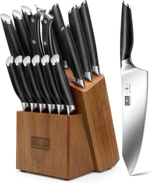 16-Piece Kitchen Knife Set with Block, Powder Steel High Carbon Steel Knife Block Set, Ultra Sharp Professional Chef Knife Set with Sharpener