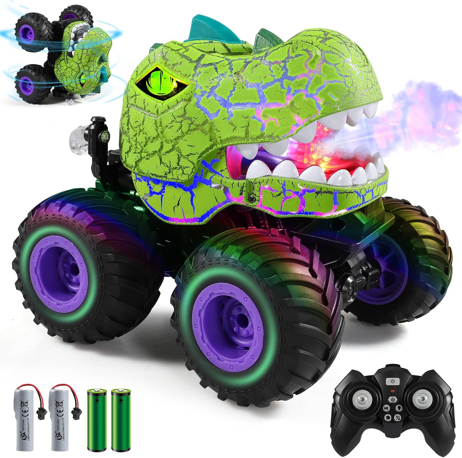 DYODYORC Remote Control Car, 2.4Ghz All Terrain Dinosaur Monster Truck Toys, RC Truck with Spay, Music, 3 Lighting Effects, Stunt Capable, Toy Gifts for Boys and Girls (Green Purple) DYODYORC Remote Control Car, 2.4Ghz All Terrain Dinosaur Monster Truck Toys, RC Truck with Spay, Music, 3 Lighting Effects, Stunt Capable, Toy Gifts for Boys and Girls (Green Purple)
