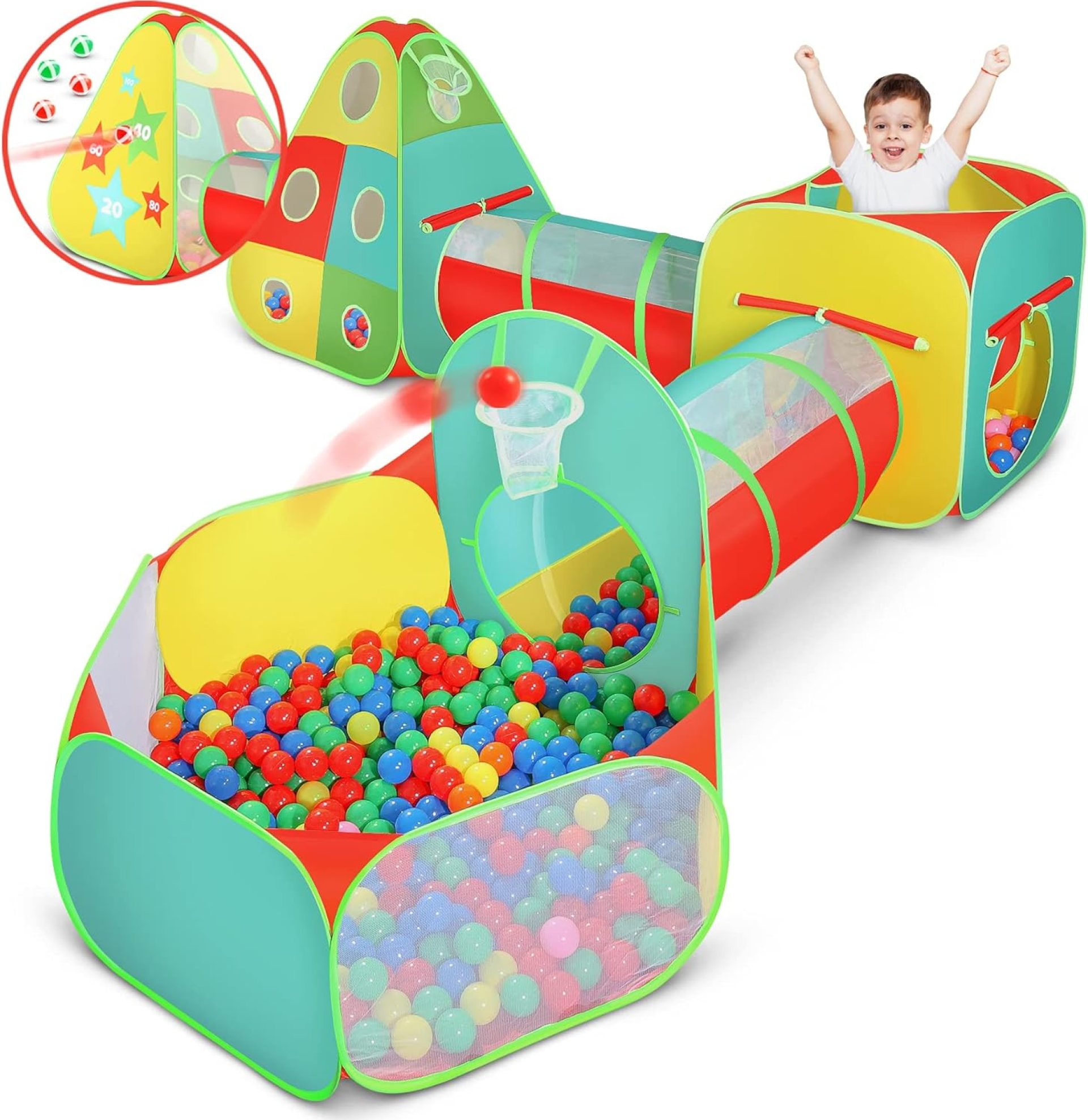 5pc Kids Play Tent for Toddlers with Ball Pit, Crawl Tunnel, Indoor & Outdoor Playhouse, Jungle Gym, Toys for Boys & Girls, Includes Dart Balls, Teepee & Basketball Hoops 5pc Kids Play Tent for Toddlers with Ball Pit, Crawl Tunnel, Indoor & Outdoor Playhouse, Jungle Gym, Toys for Boys & Girls, Includes Dart Balls, Teepee & Basketball Hoops