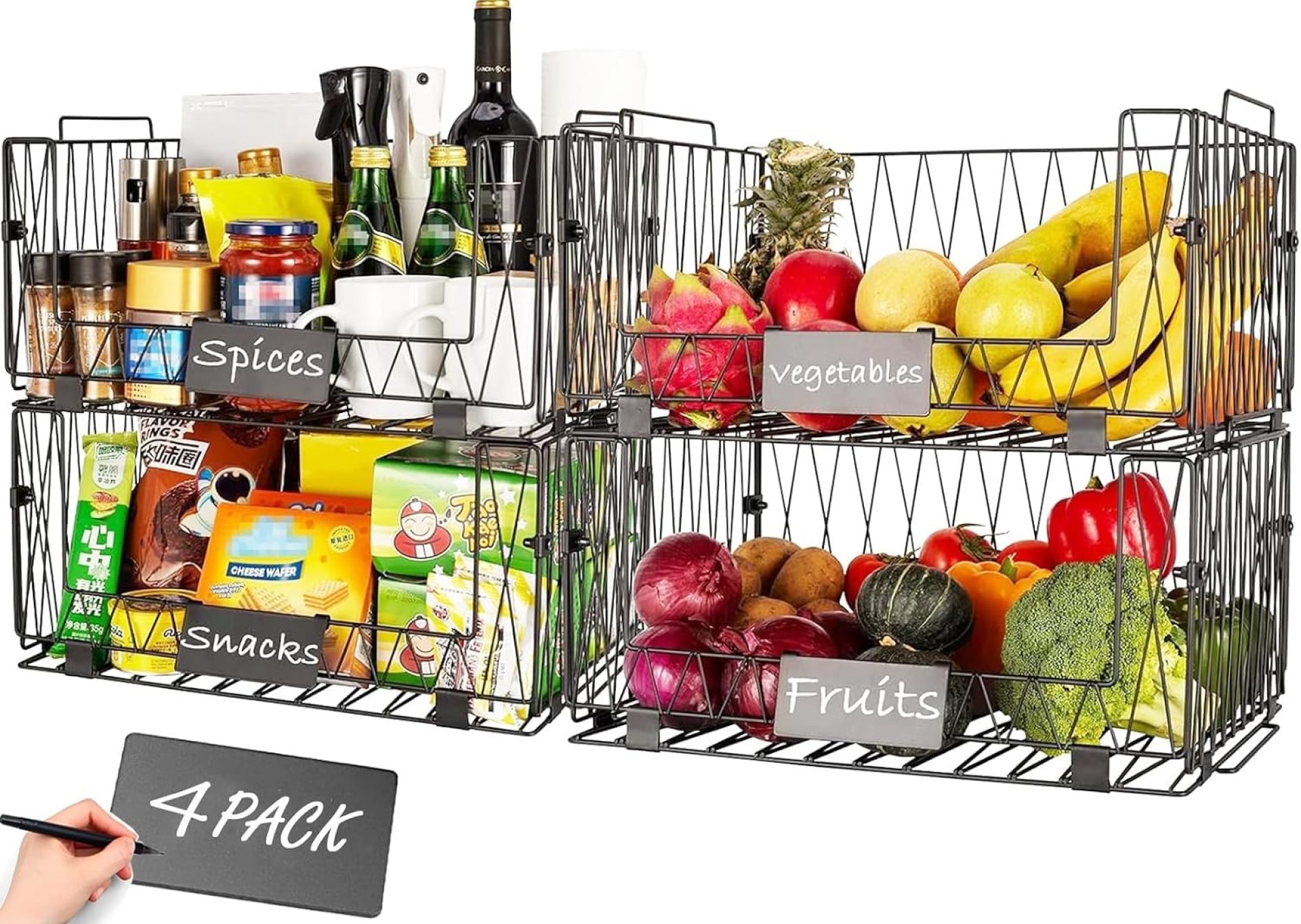 4 PACKS XXL Kitchen Organization and Storage Pantry Baskets, Fruit & Vegetable Basket for Kitchen Cabinet, Stackable Wire Baskets for Snack Chips Onion Potato Cans 4 PACKS XXL Kitchen Organization and Storage Pantry Baskets, Fruit & Vegetable Basket for Kitchen Cabinet, Stackable Wire Baskets for Snack Chips Onion Potato Cans