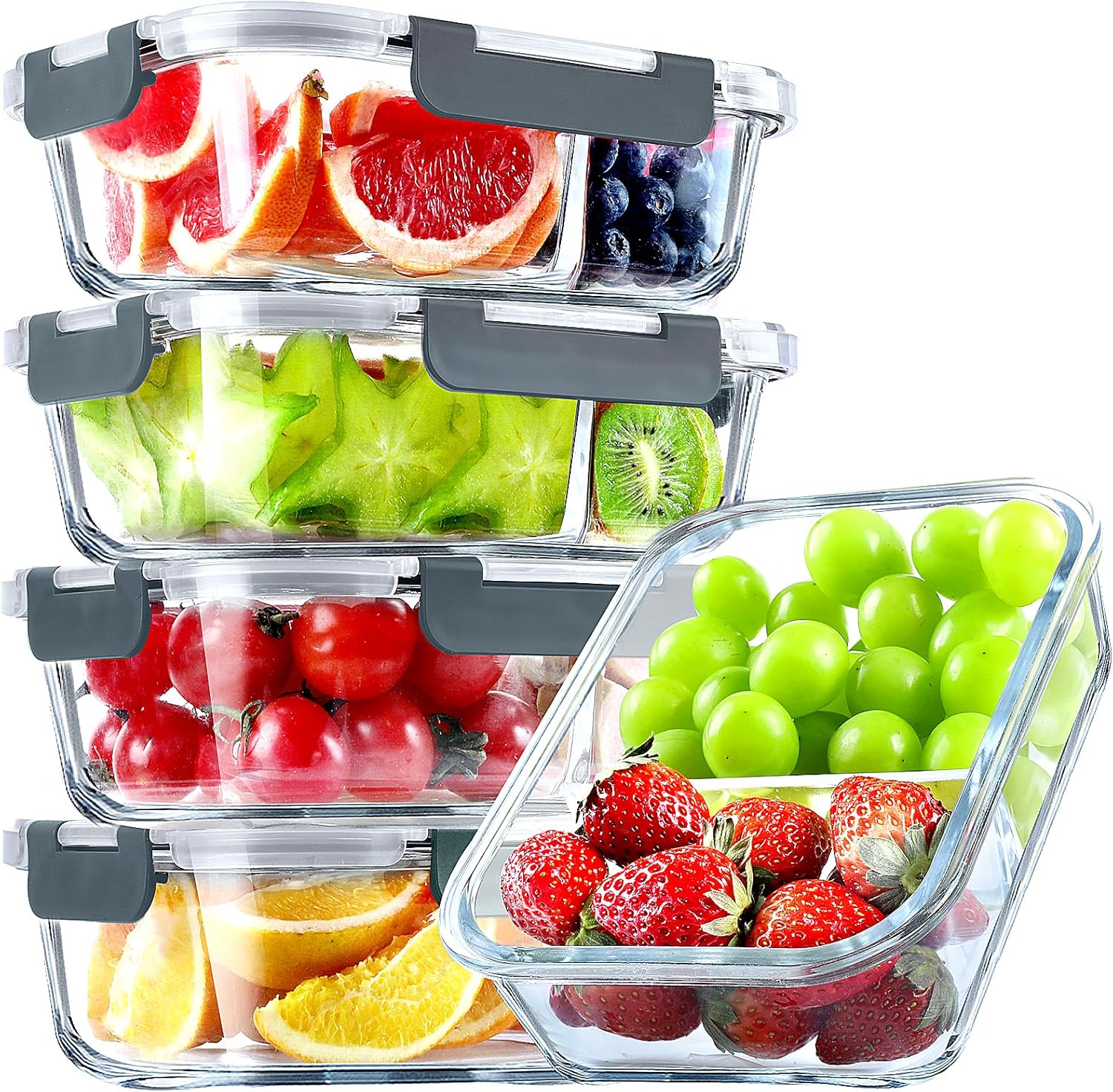 VERONES 5 Pack Glass Meal Prep Containers 2 Compartment Set, 36OZ Airtight Glass Lunch Containers, Glass Food Storage Containers with Lids, for Microwave, Oven, Freezer & Dishwasher Friendly,Grey VERONES 5 Pack Glass Meal Prep Containers 2 Compartment Set, 36OZ Airtight Glass Lunch Containers, Glass Food Storage Containers with Lids, for Microwave, Oven, Freezer & Dishwasher Friendly,Grey