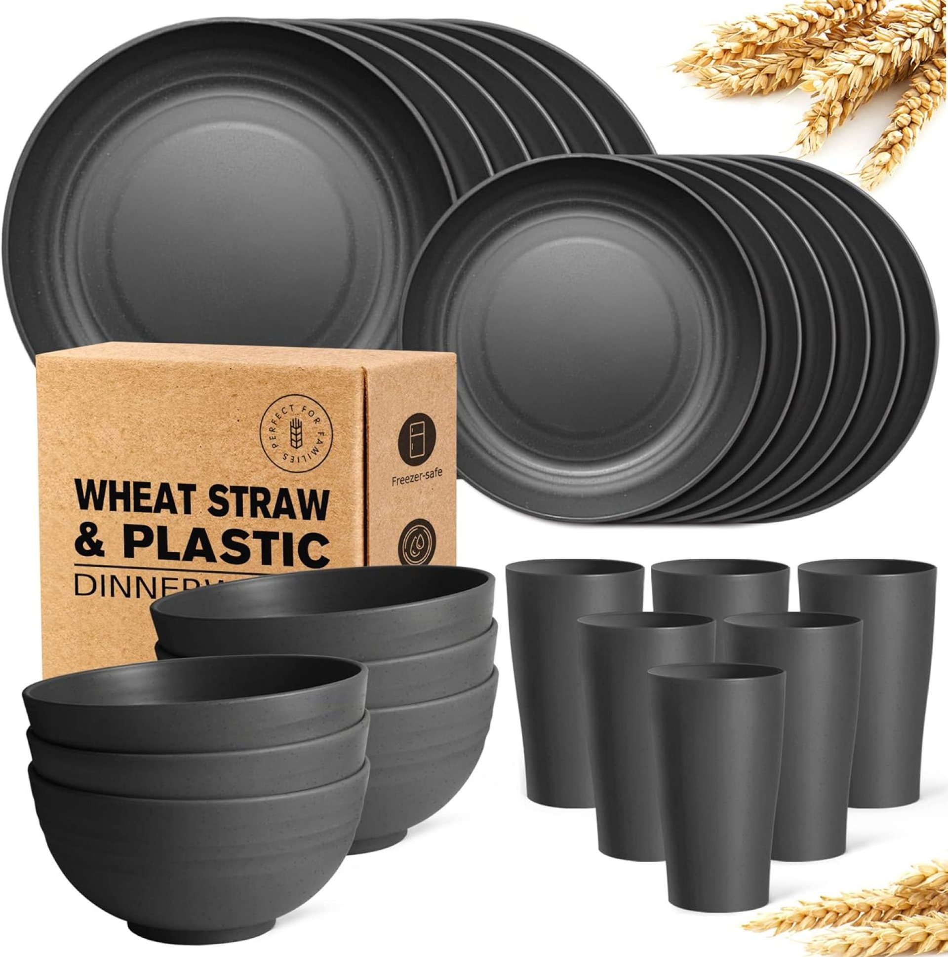 Teivio 24-Piece Kitchen Plastic Wheat Straw Dinnerware Set, Service for 6, Dinner Plates, Dessert Plate, Cereal Bowls, Cups, Unbreakable Plastic Outdoor Camping Dishes, Black Teivio 24-Piece Kitchen Plastic Wheat Straw Dinnerware Set, Service for 6, Dinner Plates, Dessert Plate, Cereal Bowls, Cups, Unbreakable Plastic Outdoor Camping Dishes, Black