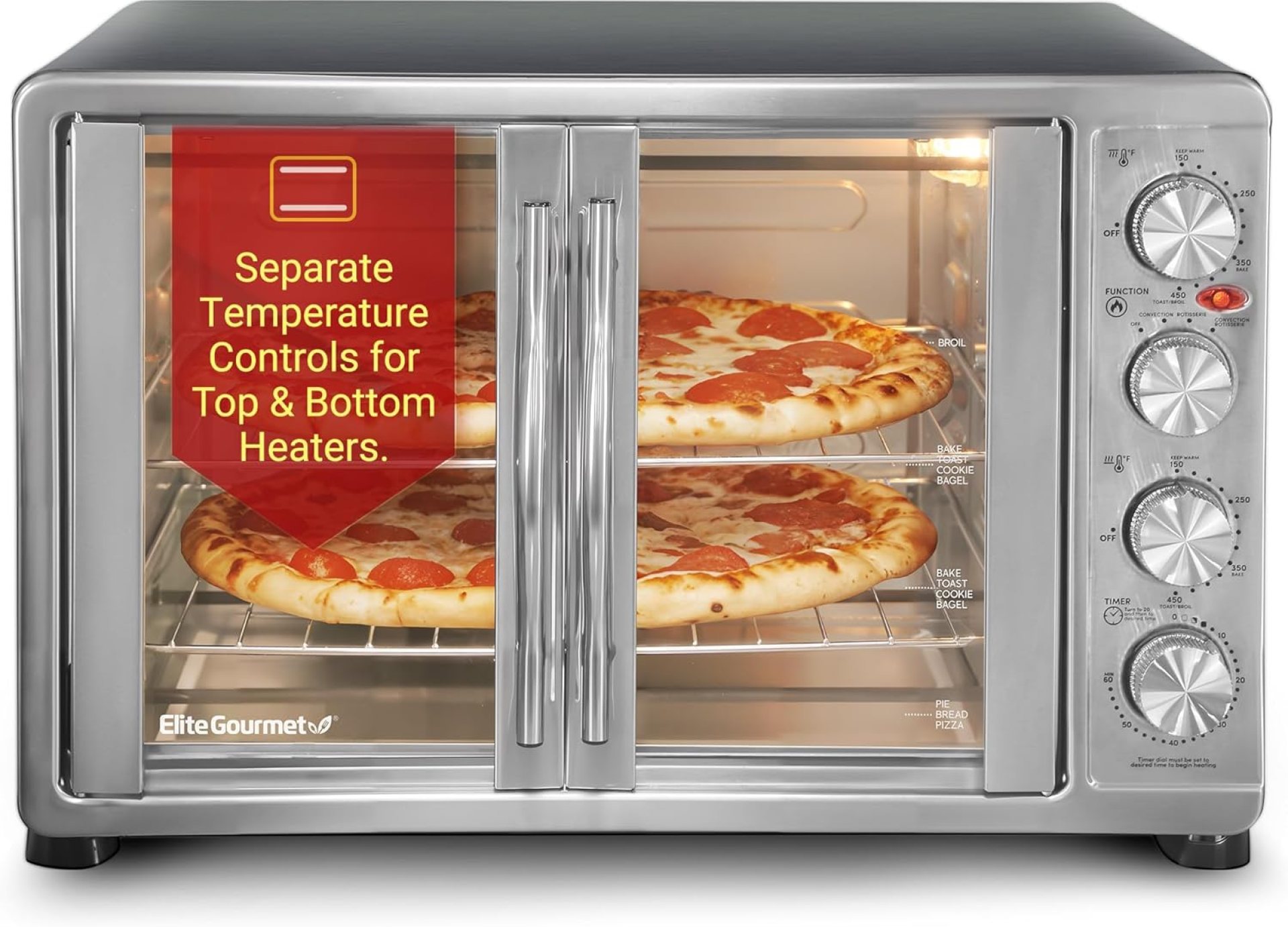 Elite Gourmet ETO-4510M French Door 47.5Qt, 18-Slice Convection Oven 4-Control Knobs, Bake Broil Toast Rotisserie Keep Warm, Includes 2 x 12″ Pizza Racks, Stainless Steel Elite Gourmet ETO-4510M French Door 47.5Qt, 18-Slice Convection Oven 4-Control Knobs, Bake Broil Toast Rotisserie Keep Warm, Includes 2 x 12″ Pizza Racks, Stainless Steel